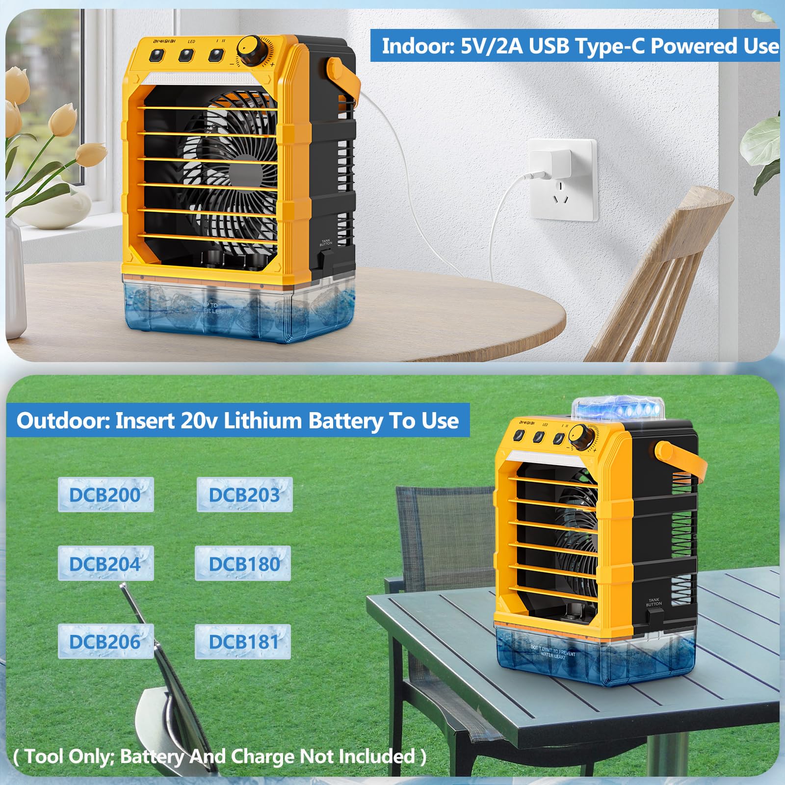 Ventilatore nebulizzatore portatile compatibile per batteria Dewalt da 20 V (senza batteria) o alimentato tramite USB, ventola di raffreddamento per camera da letto con 7 luci, timer 8H, serbatoio