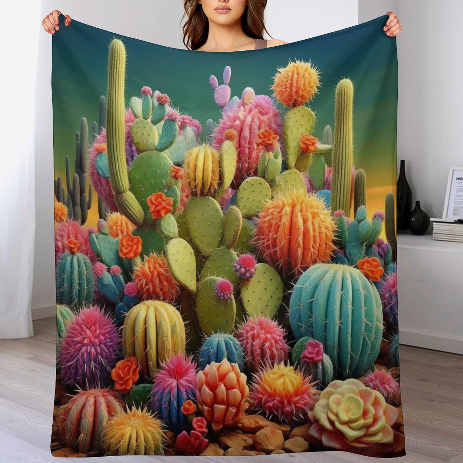 Couverture polaire cactus plaid flannel &eacute;paisse douce lit canap&eacute; 150x200