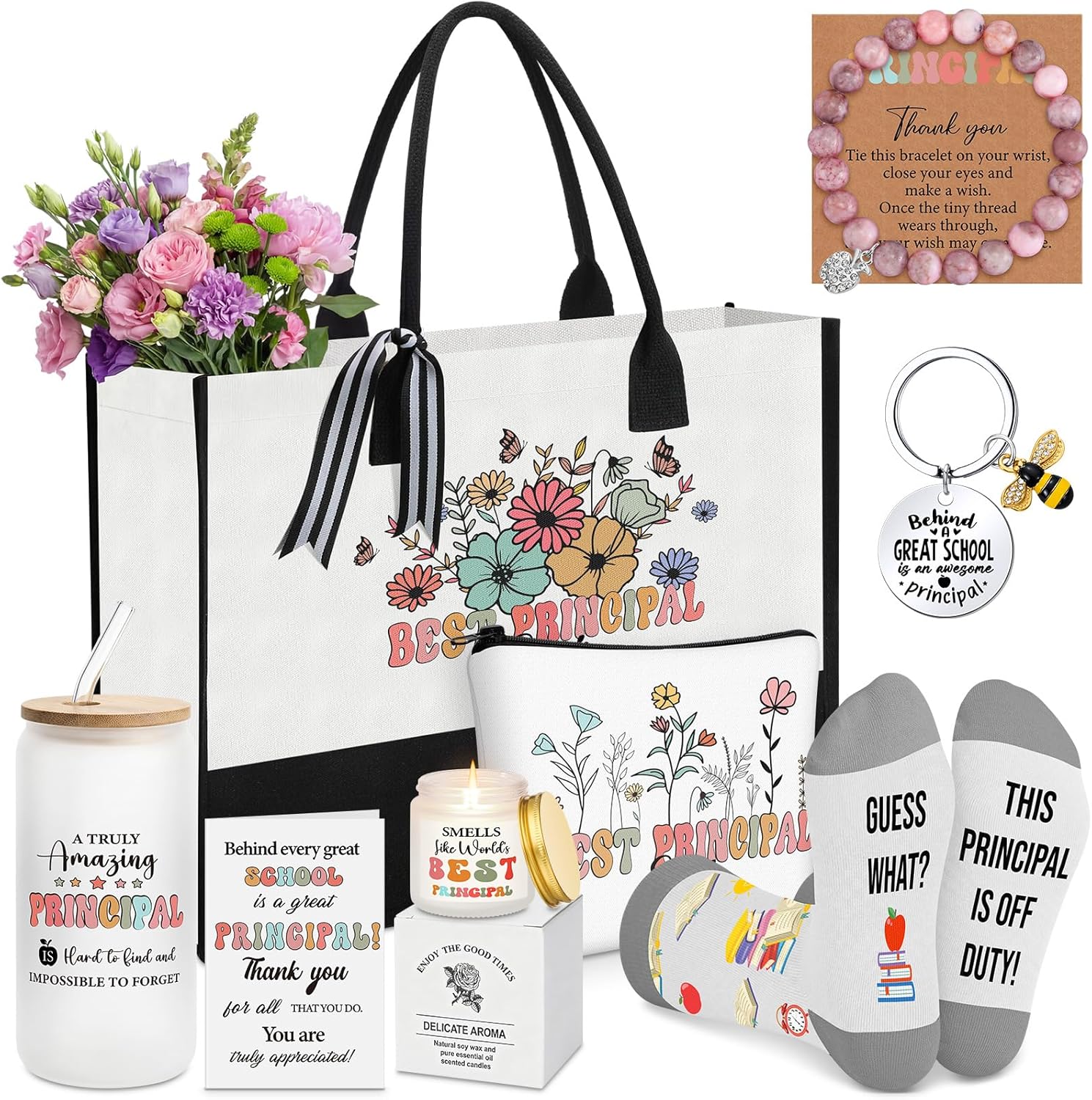 Aliceset 8 Pcs Principal Appreciation Gifts for Women Canvas Tote Bag Tumbler Keychain Makeup Bag Bracelet Greeting Card Scented Candle Socks for School Principal Day Birthday Retirement Graduation