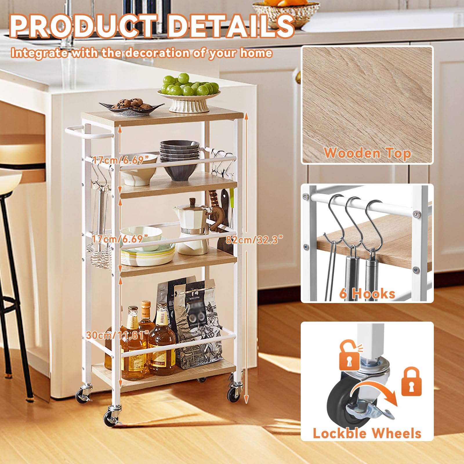 IBUYKE Küchenwagen schmal 20cm breit,Metall Rollwagen 4 Ebenen,Nischenregal auf Rollen,mit Griff und hölzerne Tischplatte,für Küche, Bad,Wohnzimmer, Arbeitszimmer,Natürlich TMJ065R