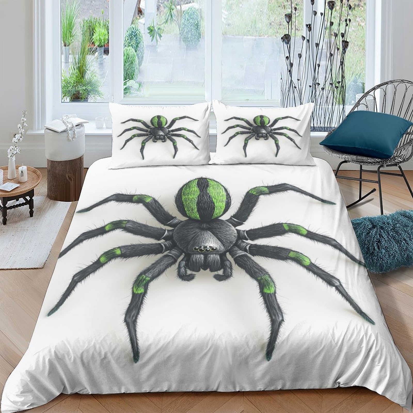 VesFy Green Spider Quilt Cover for Boys Girls Duvet Cover Comforter Covers 3D Printed Animals with Pillow Cases Bedding Set with Zipper Closure Soft Microfiber 3 Pieces Double（200x200cm）