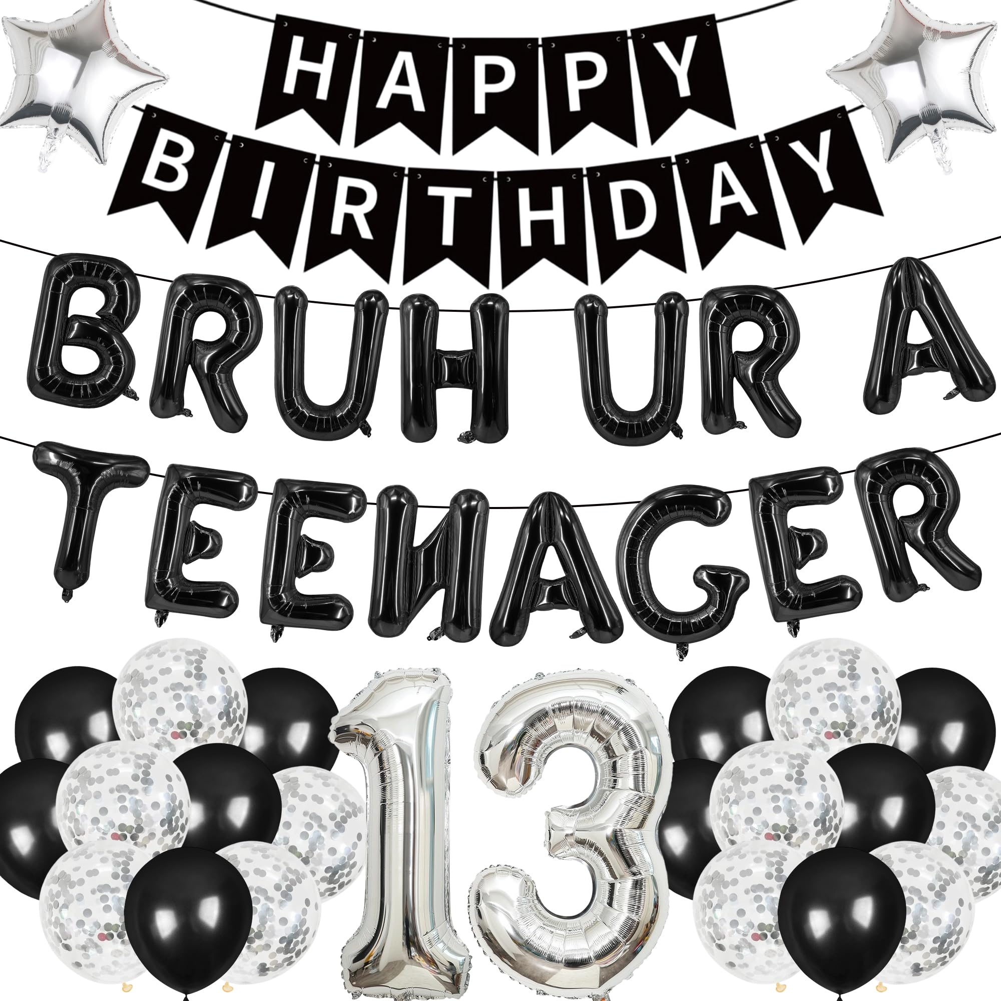 13th Birthday Decorations Boys Banner - 41 Pcs Black Silver Happy Birthday Banners BRUH UR A TEENAGER Star Number Foil Balloons Glitter Silver and Black Balloon for 13 Years Old Boy Party Decor