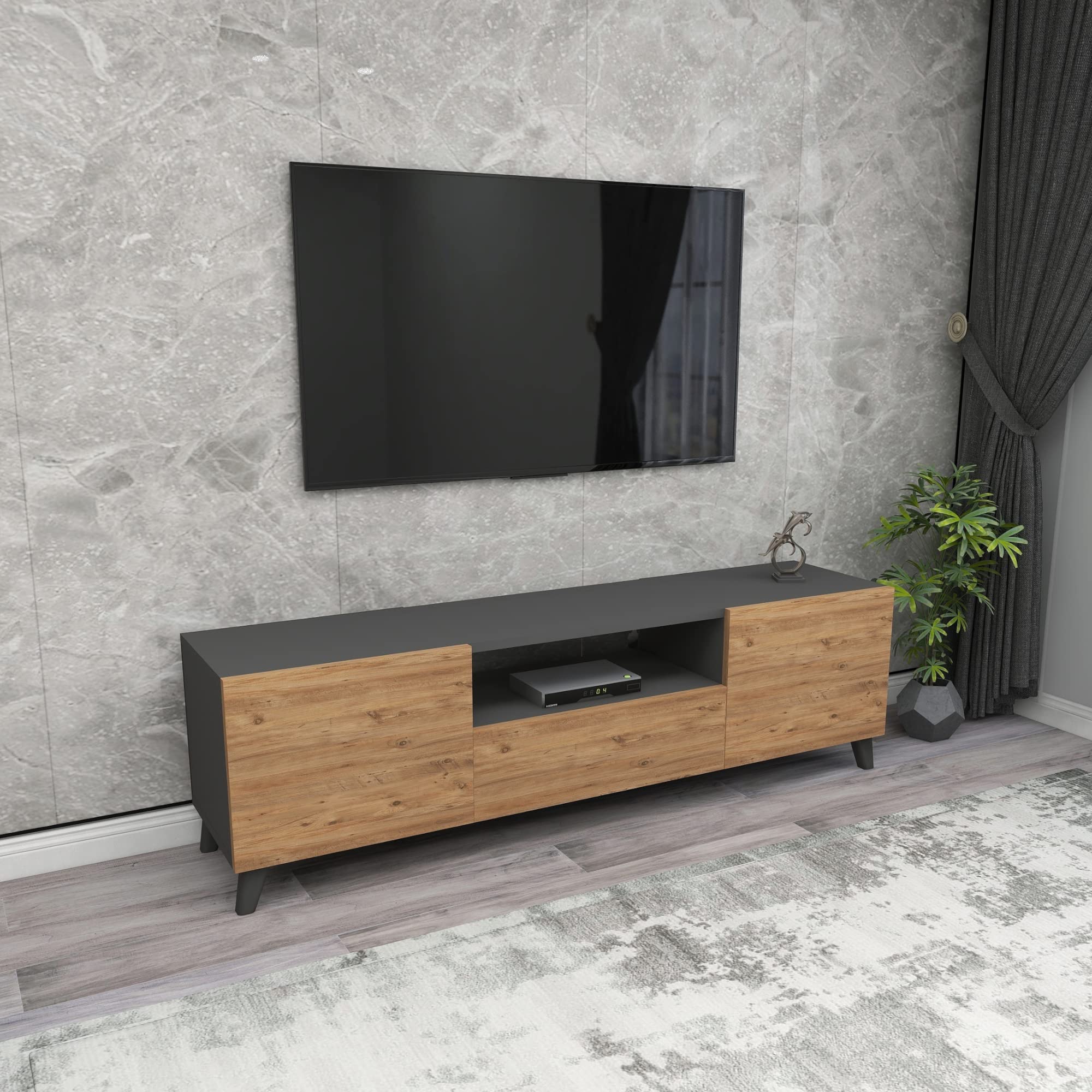 [en.casa] Mobiletto TV Tavolino Porta TV con Scomparti e Ante Mobile Basso Stand TV e Centri Multimediali 46 x 140 x 30 cm - Antracite/Effetto Rovere
