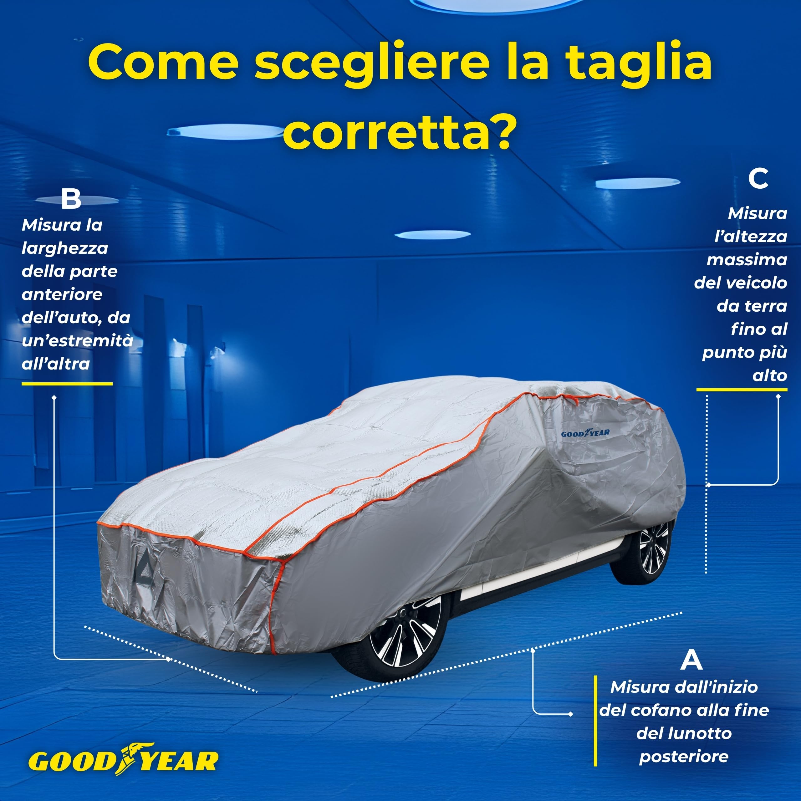 Goodyear Telo Antigrandine Auto Taglia M, Imbottitura 6mm Alta Protezione, Copriauto Esterno Impermeabile e Antigraffio, Tessuto Anti-UV, Cinghie Antivento, 440x165x119 cm, 4 Stagioni, Grigio/Nero
