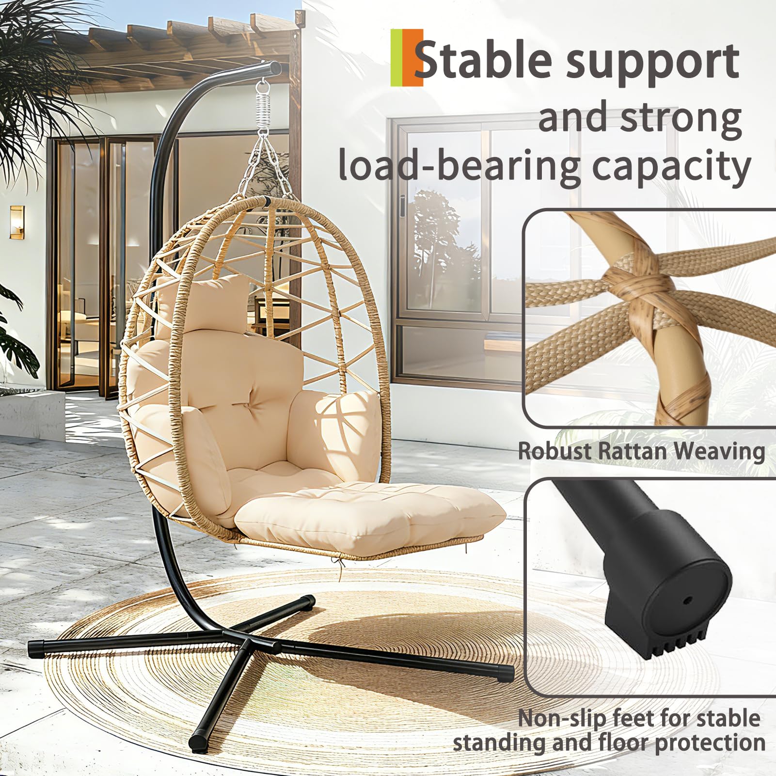 Silla colgante con estructura, cesta colgante con reposapiés y cojín grueso, sillón colgante de ratán, muebles para jardín, balcón, salón, soporta hasta 160 kg (beige)