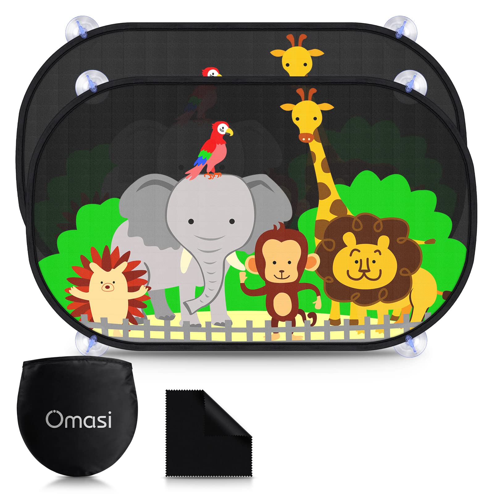 Omasi Parasol Coche bebé con protección UV,Autoadhesivo Fácil de Instalar, 50x31 cm para niños con 8 Tazas de succión, protección Solar del automóvil con Patrones de Animales Bonitos (Zoo, 2 pcs