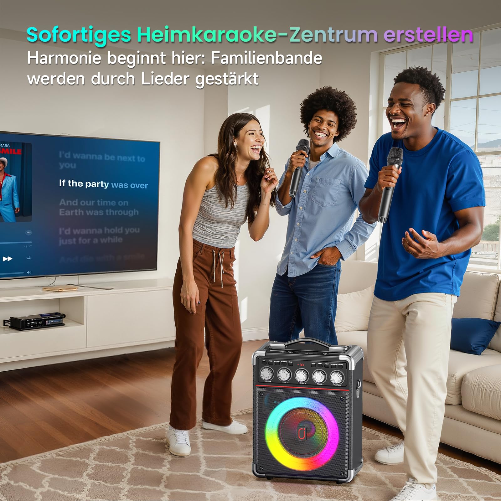 JYX Karaoke Maschine mit 2 kabellosen Mikrofonen, tragbare Karaoke Box Bluetooth 5.3 für Erwachsene & Kinder, 100W RMS PA Lautsprecher mit 6,5" Bass, LED-Licht, Echo/Bass/Höhen-Regler, TWS, USB/AUX/TF