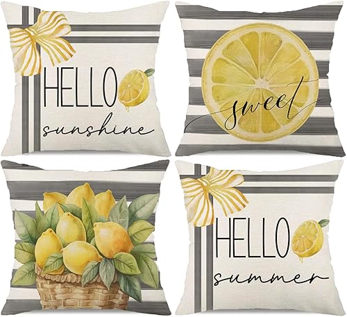 Juego de 4 fundas de almohada de 18 x 18 pulgadas, diseño de rayas grises, limón, dulce y sol, para verano, decoración de casa de campo para