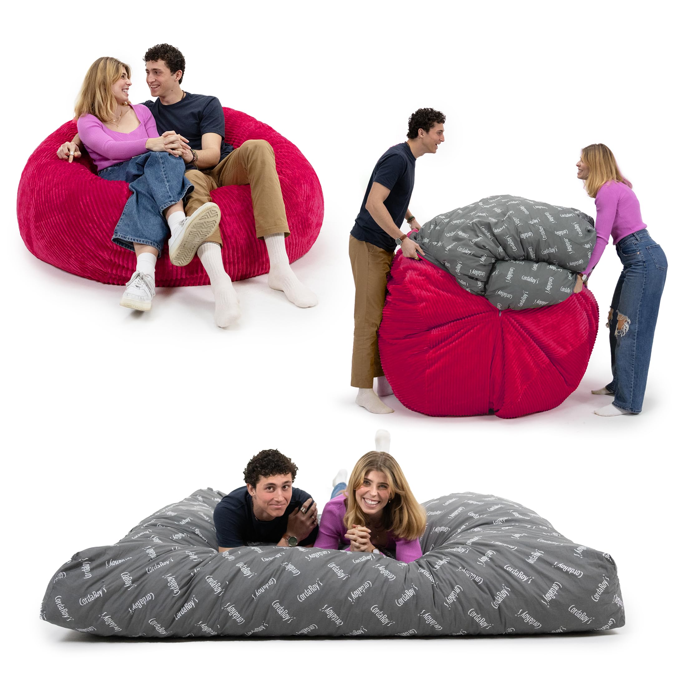 CordaRoy's Plush Bean Bag - Convertible Bean Bag Chair - Machine-Washable Plush Fabric Cover - for Basement, Living Room, Game Room, Dorm & More - King Size - Fuchsia | Made in The USA