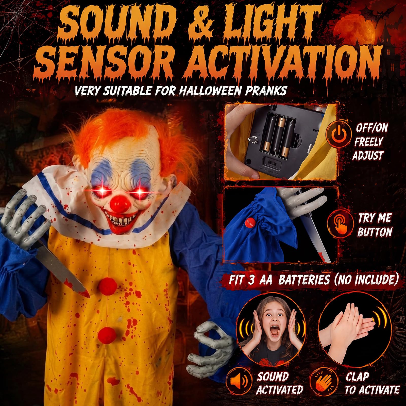 Soulchen Clown animatronique d'Halloween de 1,7 m, accessoire grandeur