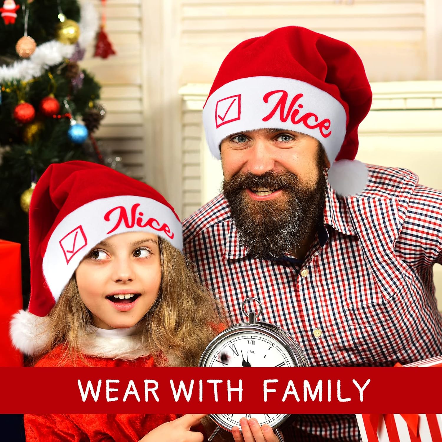 Janmercy 12 Pieces Naughty and Nice Plush Christmas Santa Hats Bulk Funny Red Christmas Plush Cuff Naughty Hats for Adults Women Men Xmas Holiday Party Supplies