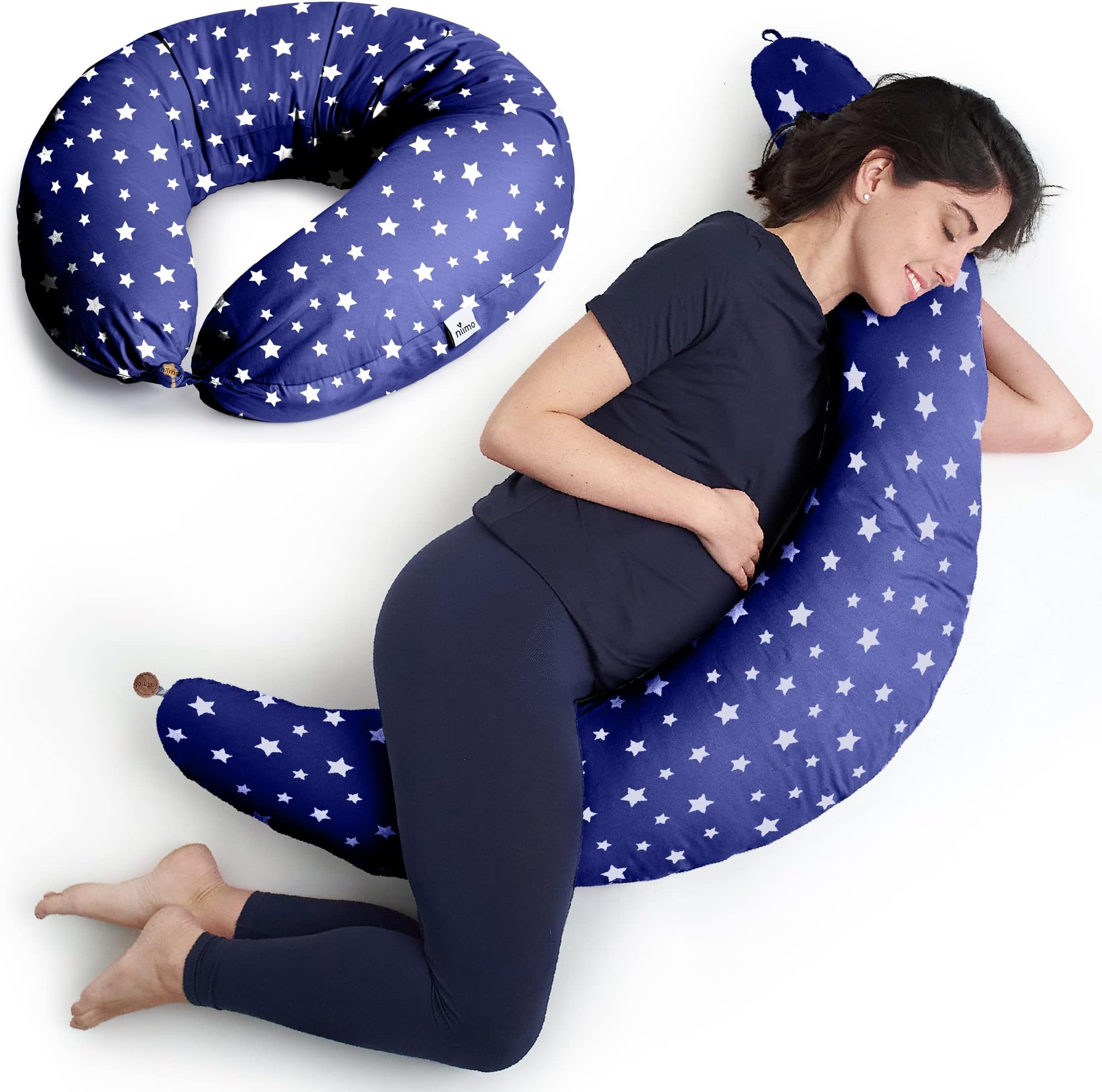 Niimo XXL Pregnancy Pillow & Nursing Pillow - 2-in-1 Design with a 100% Cotton Cover, Machine-Washable, Blue with White Stars (200 x 70 cm)