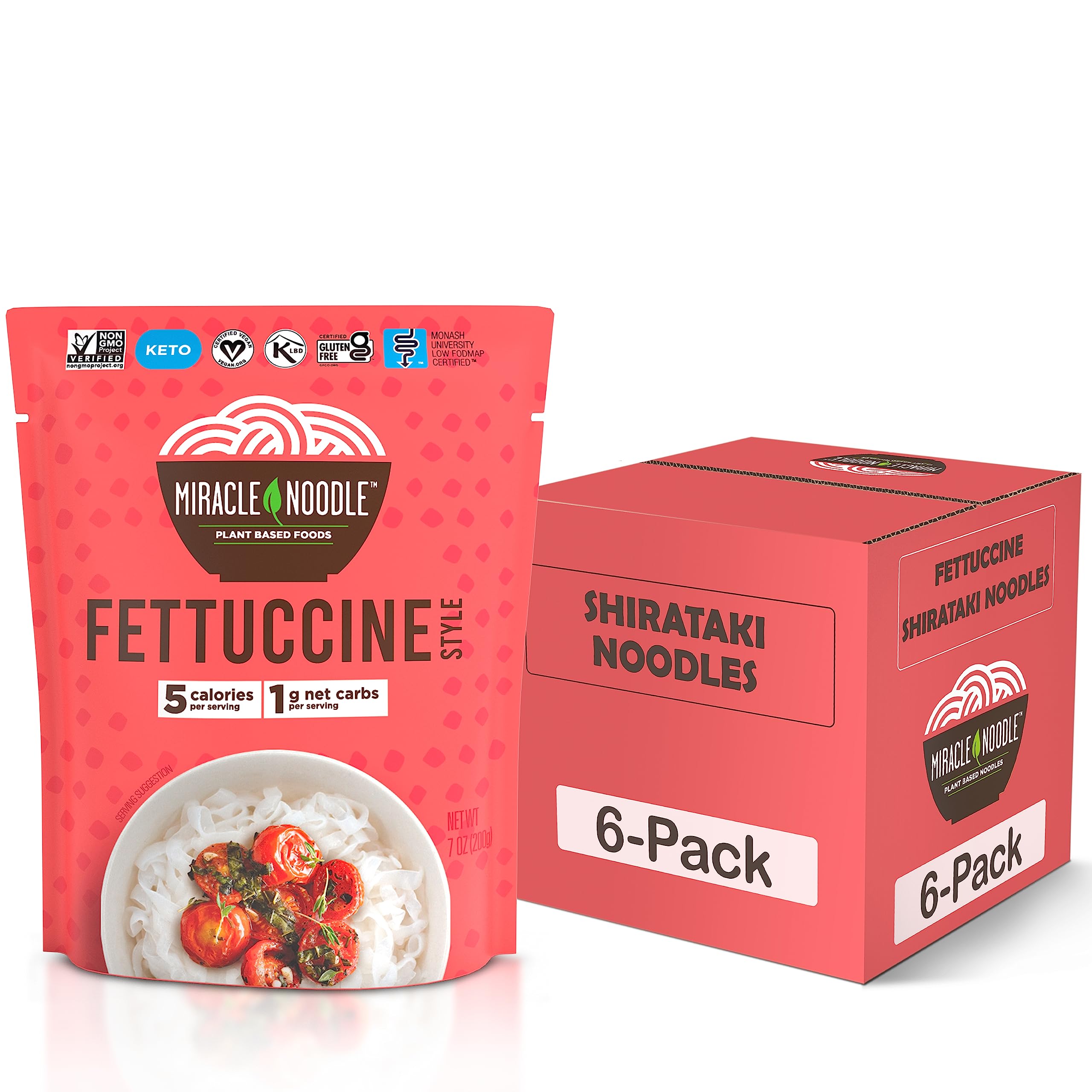 Miracle Noodle Ready to Eat Fettuccine Pasta, 7 Oz (Pack of 6), Plant Based Shirataki Konjac Noodles, 5 Calories, 1g Net Carbs Per Serving, Keto, Gluten-Free