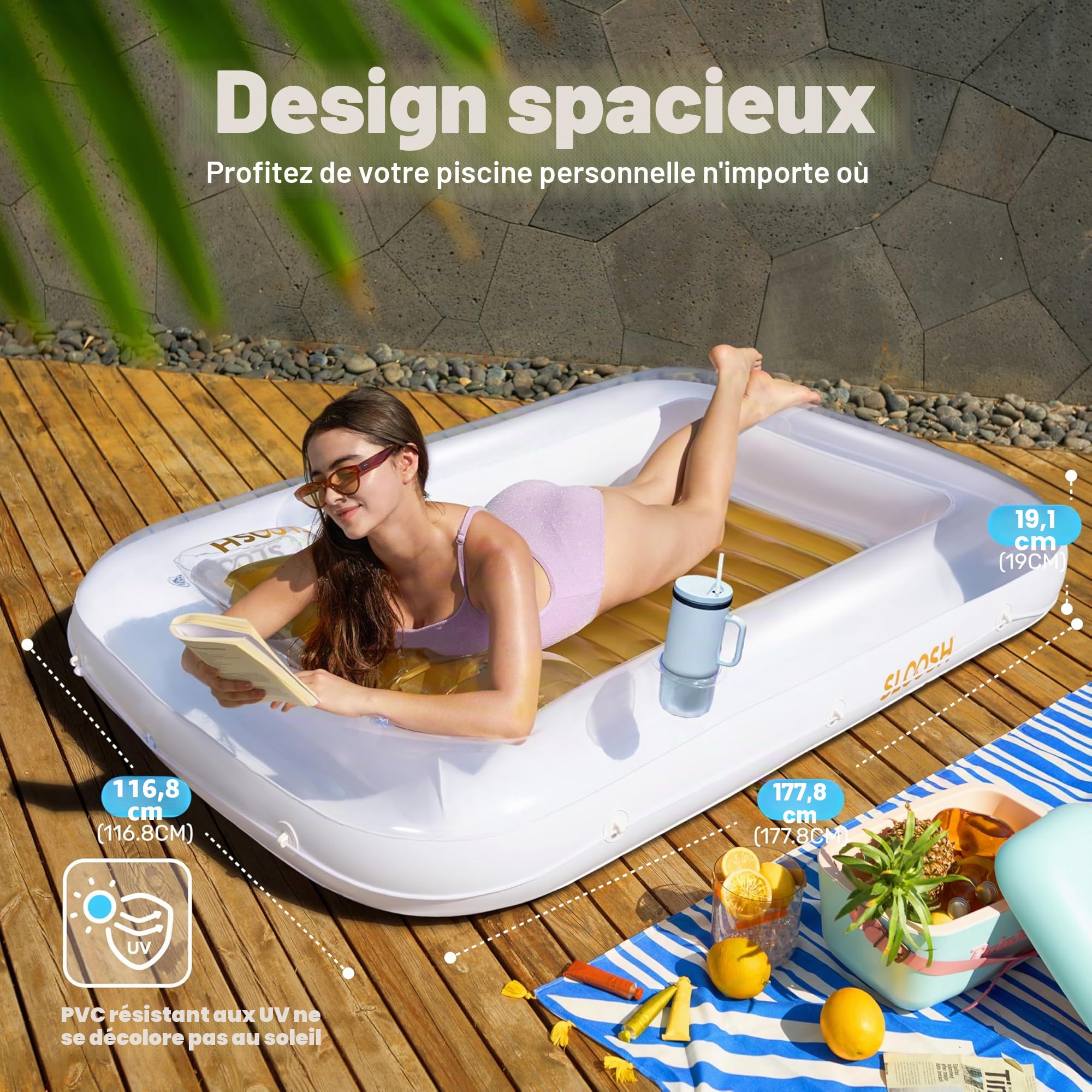 Sloosh Matelas Gonflable 178 x 116 cm pour Piscine, Bain de Soleil pour Adultes, Flotteur de Piscine, Matelas Gonflable pour Adultes, divertissements d'été, fête Aquatique (Fleur Violette)