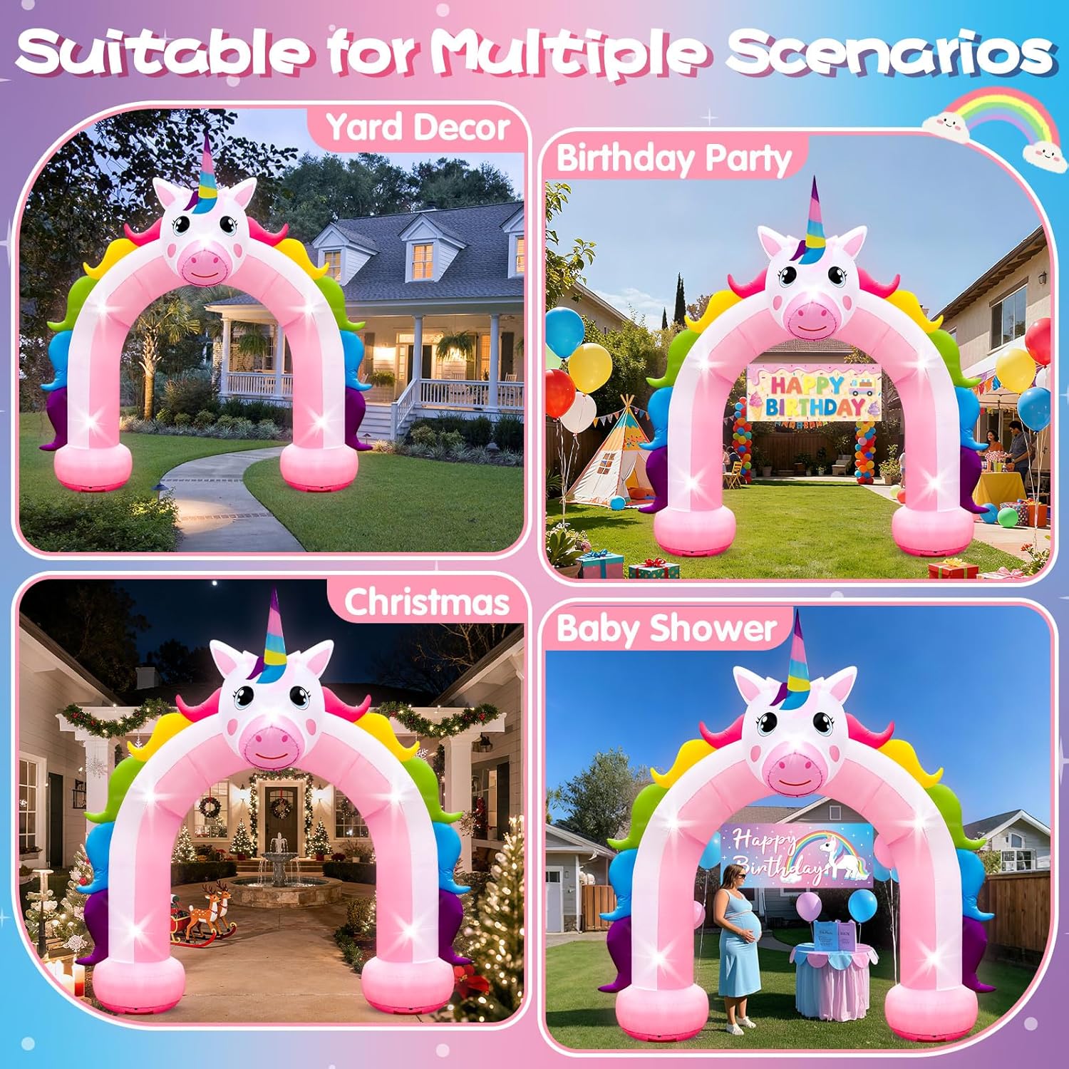 10FT Inflatable Unicorn Arch Outdoor Decorations Giant Blow Up Unicorn Rainbow Built-in 5 LED Lights for Unicorn Girls Birthday Party Wedding Baby Shower Garden Yard Lawn