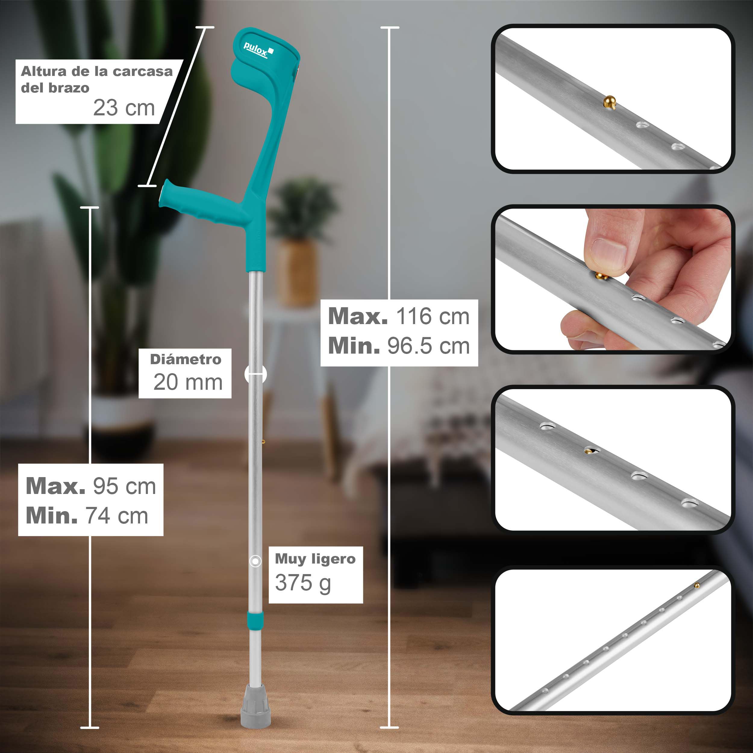 Par de Muletas hasta 140 kg en Turquesa - 2x Muletas de antebrazo Ossenberg "Classic" con empuñadura suave ergo - Andador en diseño Pulox | Muletas clásicas de Ossenberg en diseño Pulox, mango ergonómico suave para mayor comodidad y agarre seguro