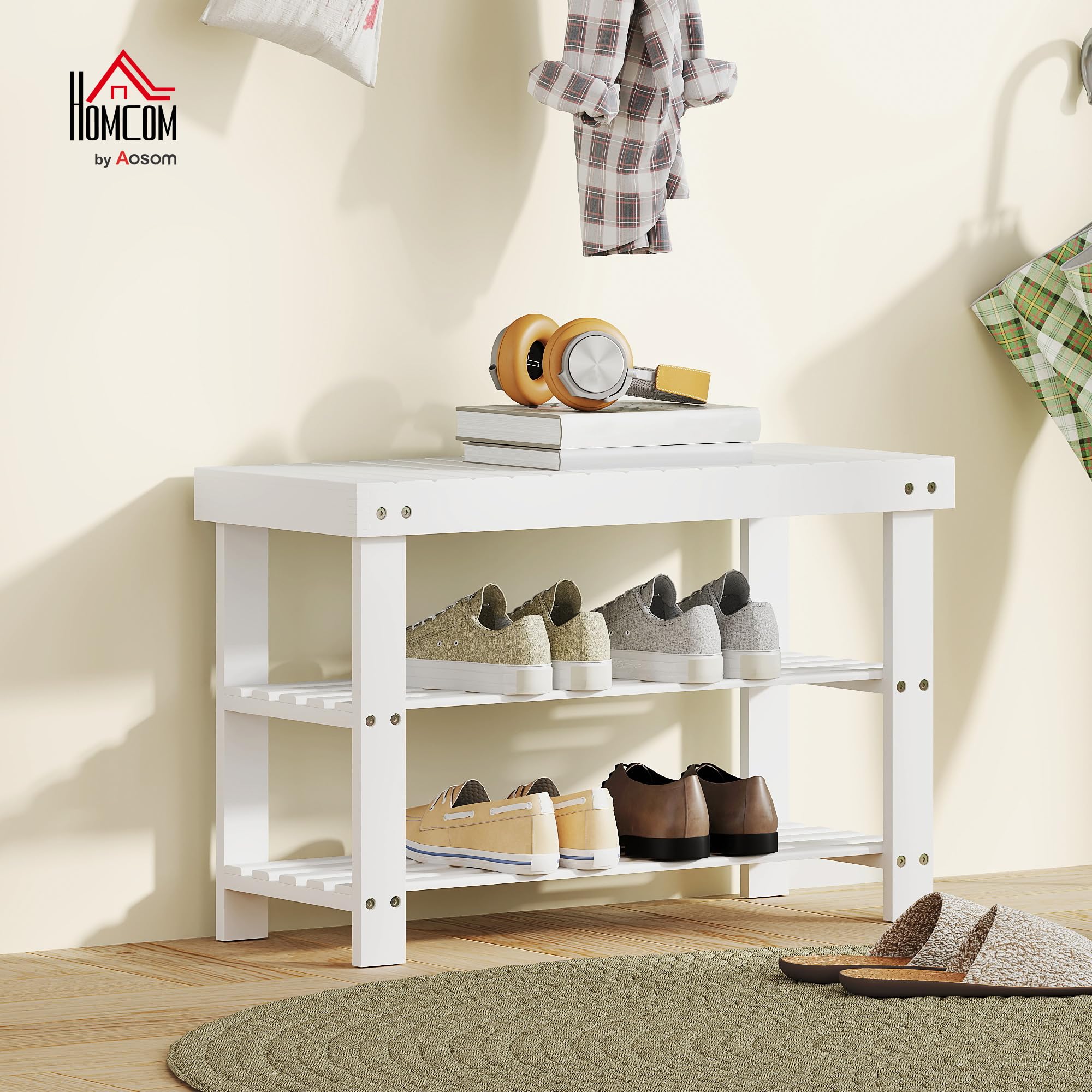 HOMCOM Banco Zapatero de Bambú Zapatero con Asiento Organizador de Zapatos de 3 Niveles para 6 Pares Zapatos para Entrada Salón Dormitorio 70x28x45 cm Blanco