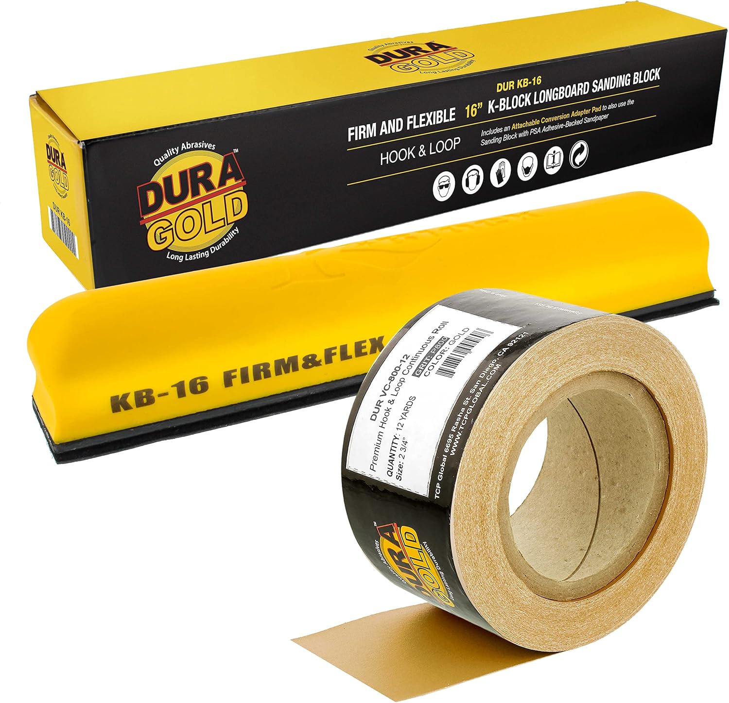 Dura-Gold Pro Series 16" K-Block Sander Firm & Flex Longboard Hand Sanding Block Pad with Hook & Loop Backing and PSA Adapter Pad & 800 Grit Sandpaper Roll