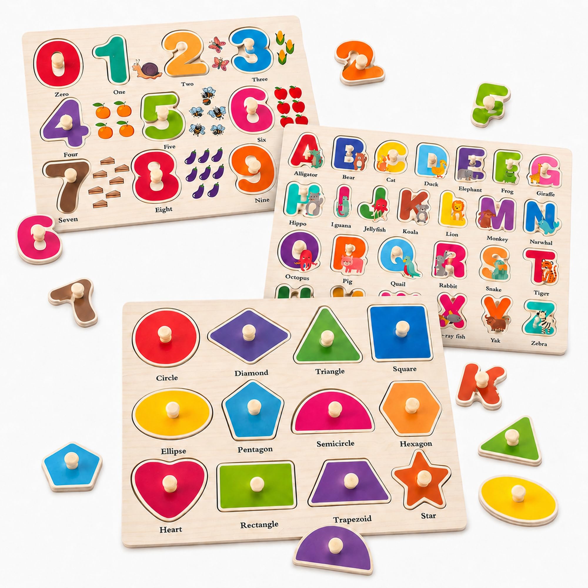 Wooden Peg Puzzles for Toddlers, 3 Pack Large Wooden Knob Puzzles for Ages 3-5, Montessori Shape Matching Toys, Preschool Learning Puzzles for Fine Motor Skills, Birthday Gifts for Boys Girls 3 4 5