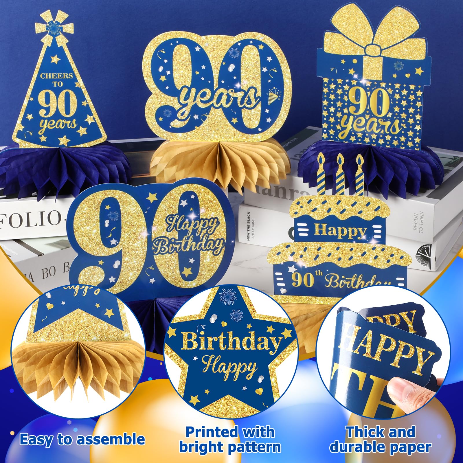 9 piezas de centro de mesa para decoración de cumpleaños 90 azul y dorado, decoraciones de feliz 90 cumpleaños para hombres y mujeres, suministros de fiesta de aniversario, suministros de animación a