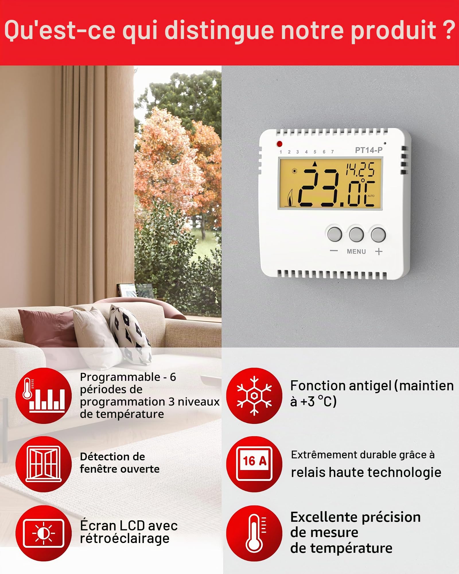 Zone Thermostat de PT14 P programmable pour chauffage électrique 16 A