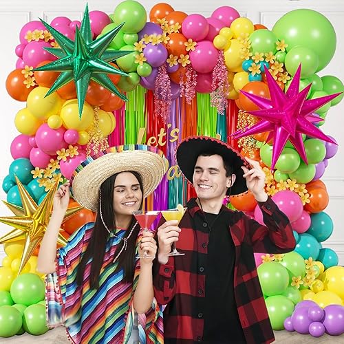 Miniatura 5 de Kit de guirnalda de globos de fiesta mexicana de 158 piezas con globos de aluminio amarillo, rosa intenso, lima, verde, naranja, morado, verde