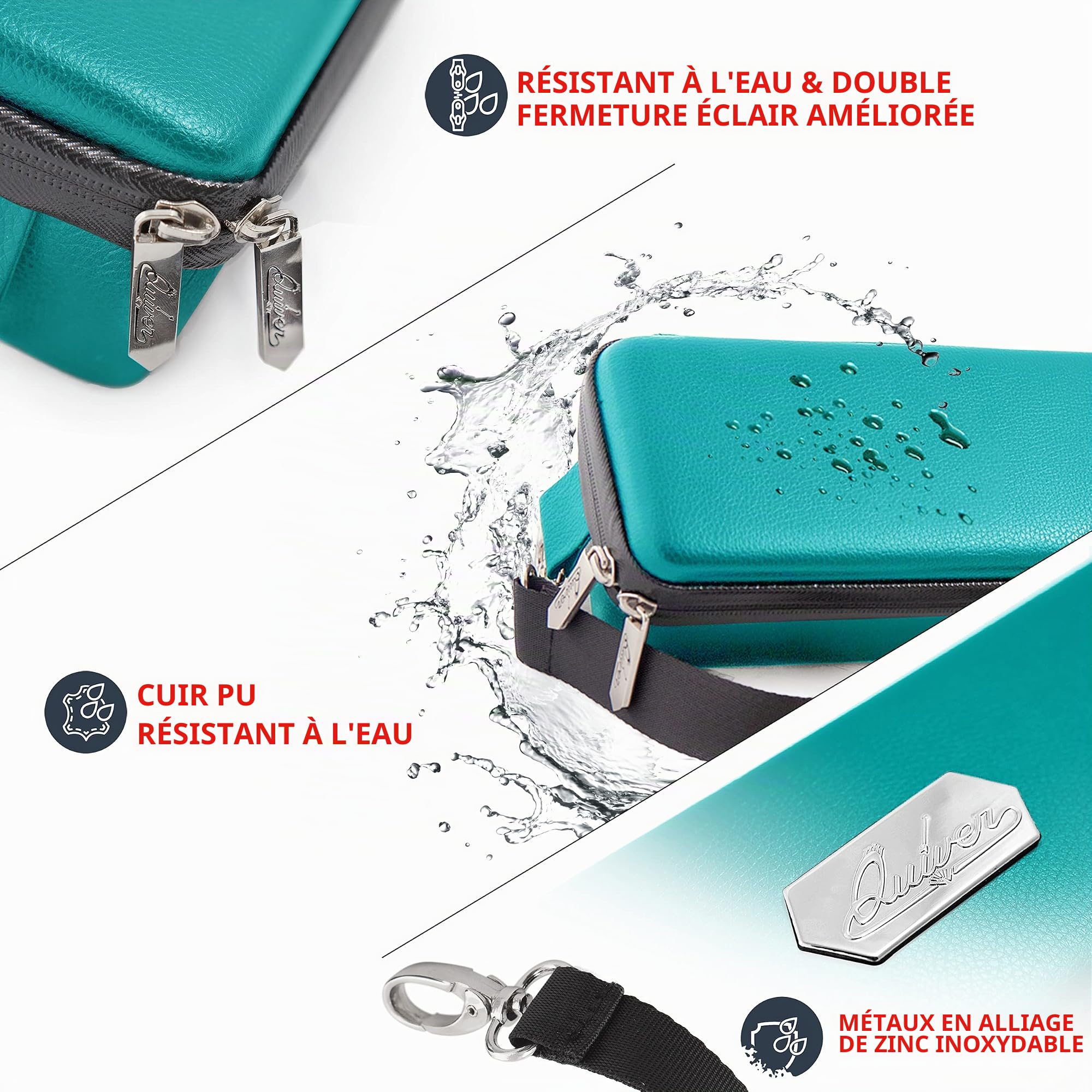 Quiver Time Étui de Transport de Cartes Turquoise, Deckbox TCG | Contient 1350+ cartes, cuir PU, séparateurs velcro ajustables, bandoulière, 100 protège-cartes Apollo, pour MTG Commander
