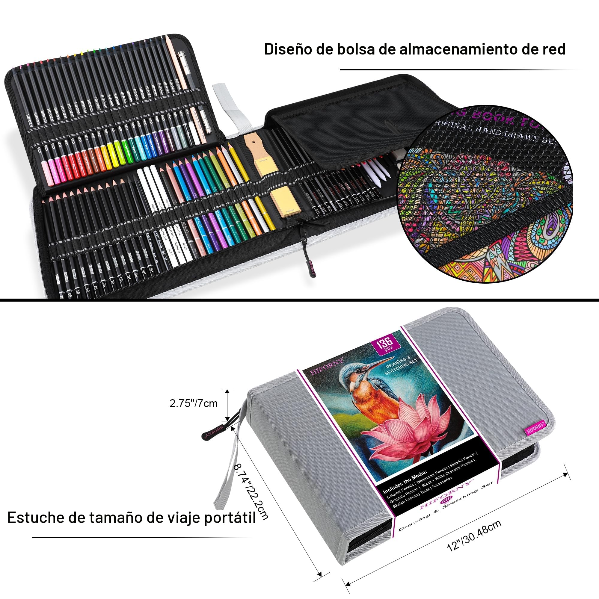HIFORNY Juego de 136 Piezas de Dibujo y Boceto,Suministros de Arte Profesional con Lápices de Grafito,Carbón,Colores,Acuarela,Metálicos, y Herramientas de Dibujo (Gris