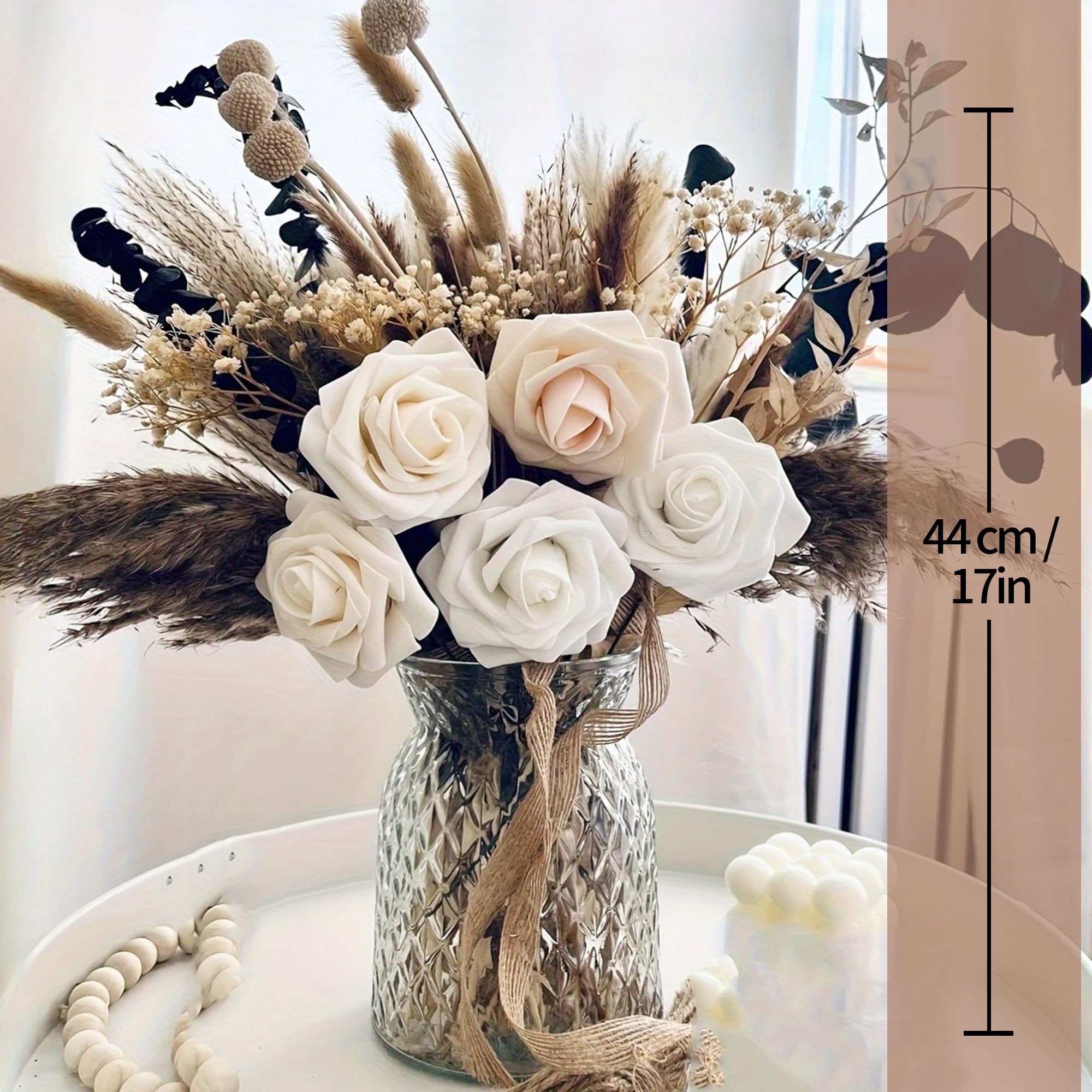 Bouquet di erba della pampa essiccata con rose artificiali arancioni e bianche, composizione floreale rustica bohémien in vaso di vetro, 43 cm, per decorazione domestica, centrotavola per