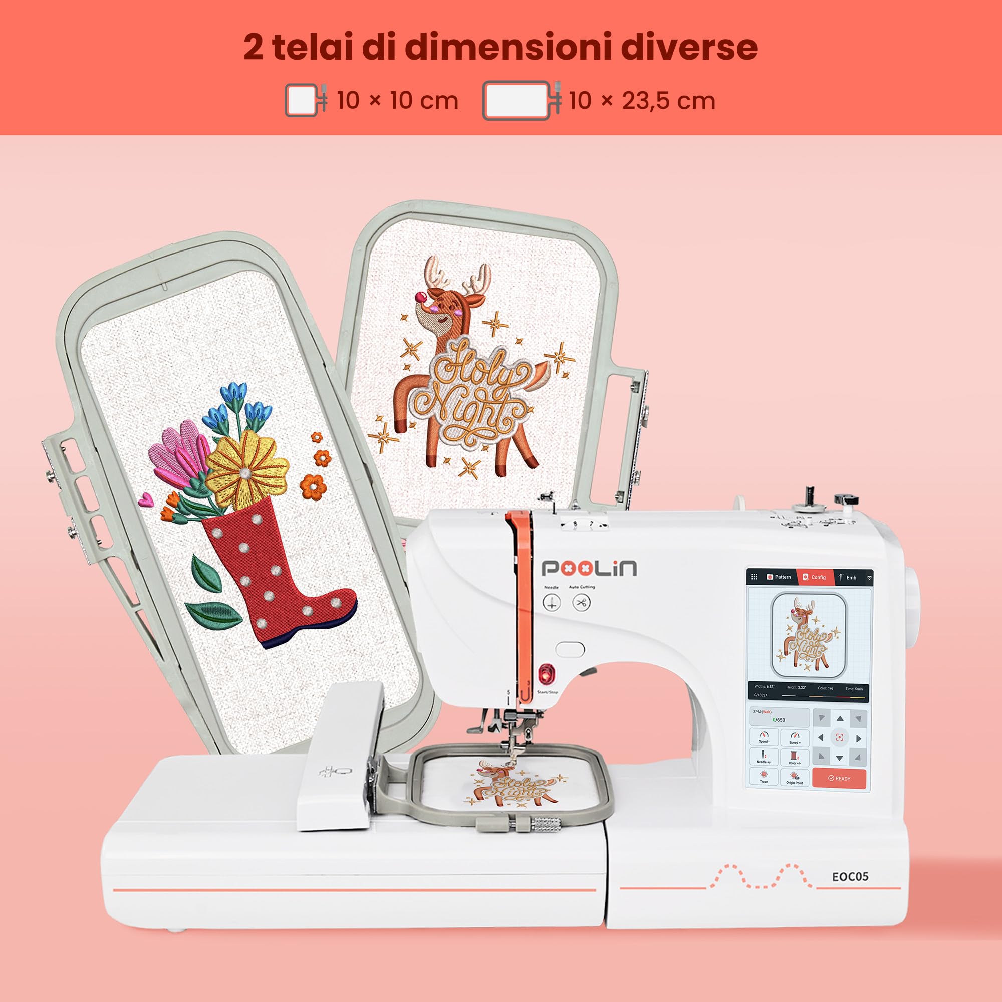 PooLin EOC05 macchina da ricamo elettronica - Schermo LCD touchscreen da 7", cornici 10×10 cm e 10×23,5 cm, importazione di motivi USB/Wi-Fi, ideale per principianti ed esperti