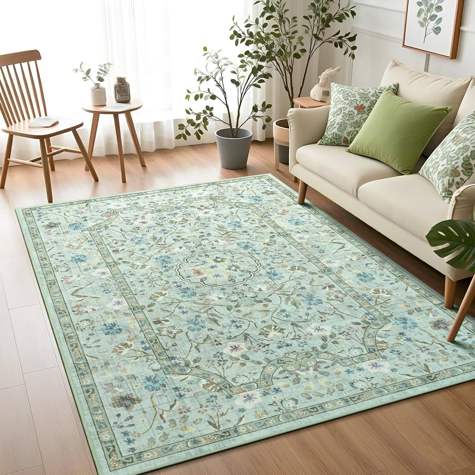 Vasofe 3x5 Area Rug for Bedroom, Washable Rugs for Living Room, Laundry, Kitchen, Vintage Floral Indoor Non Slip Carpet Farmhouse Green Throw Carpets