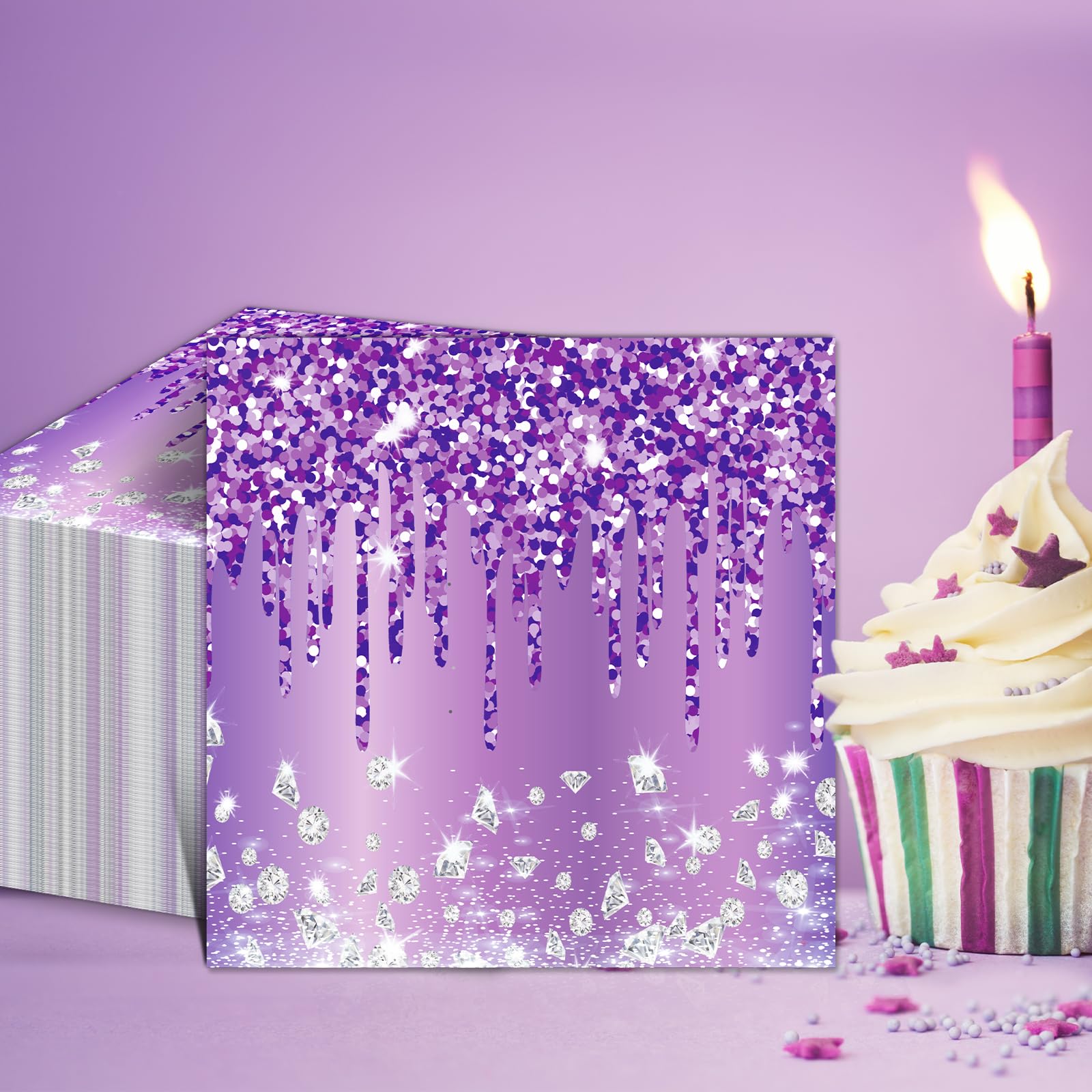 40 Serviettes Anniversaire Violet Happy Birthday 33x33cm - Motif Diamant Pour Fête Enfants