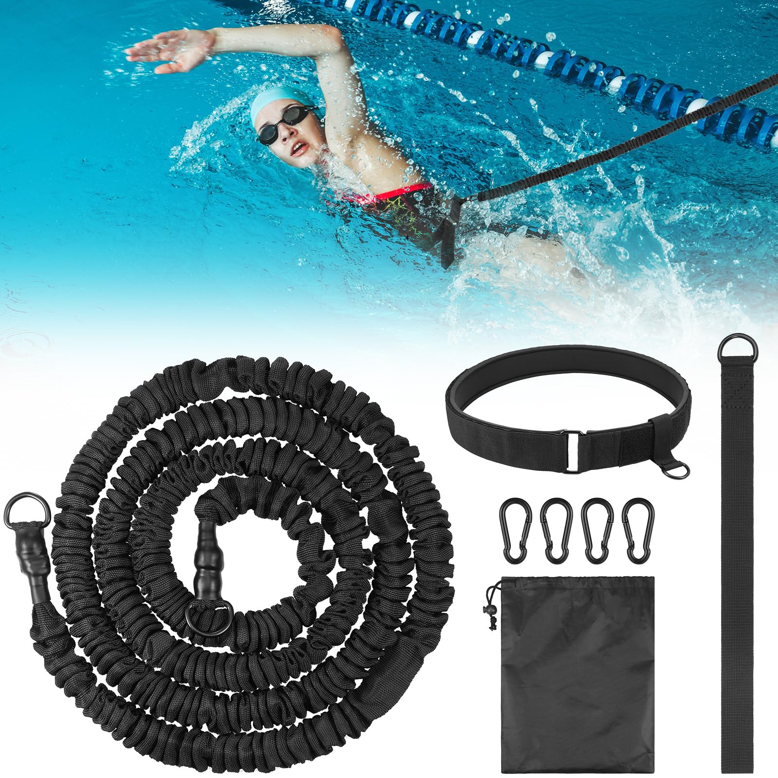 Zocipro Cintura da Nuoto per Piscina, Cintura di Resistenza Regolabile 2.5-7.5M, Cintura per Allenamento Nuoto per Tutti i Nuotatori, Accessorio di Nuoto per Tutte le Piscine