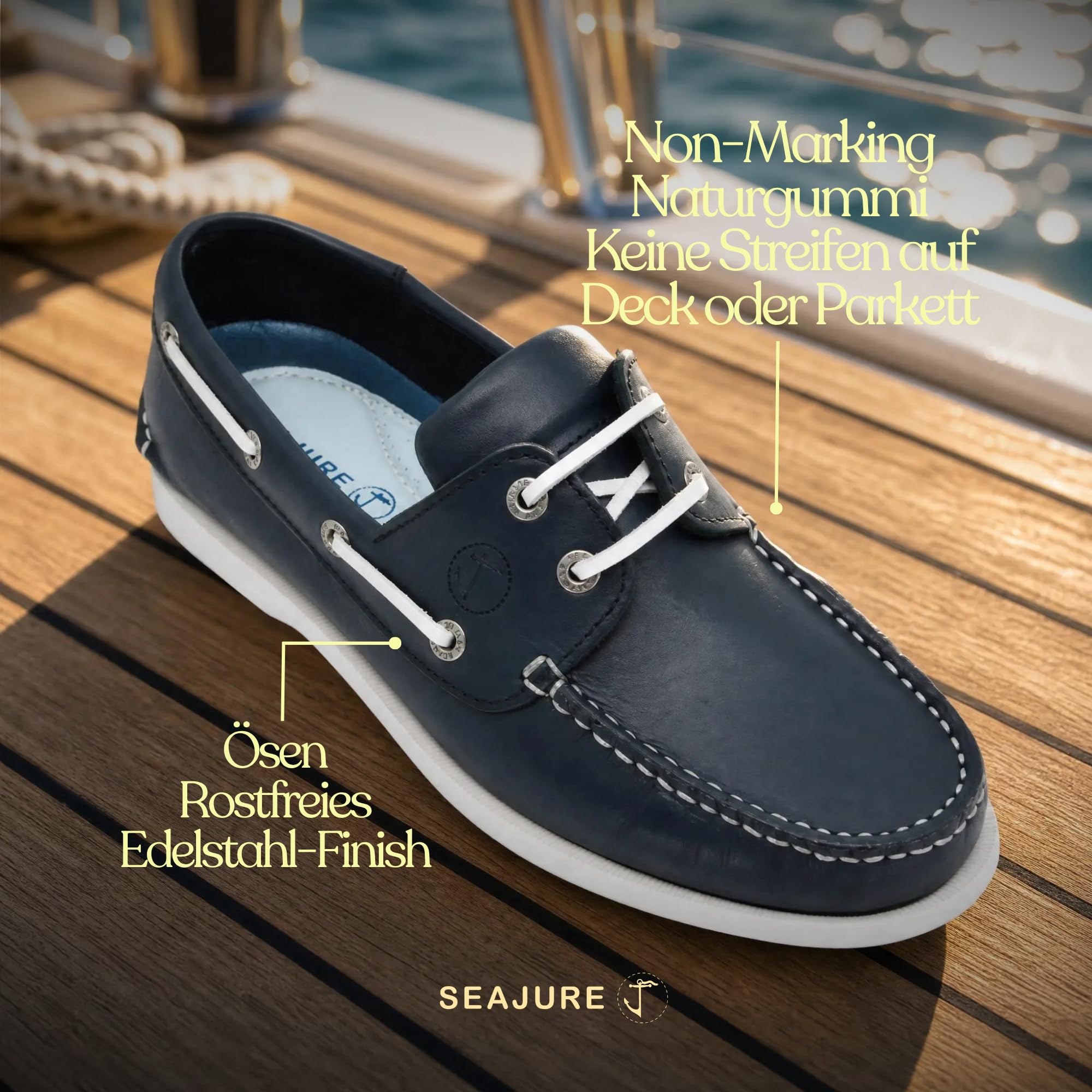 Seajure Watamu Bootsschuhe Herren Leder, Handgefertigte Segelschuhe und Mokassins, Non-Marking Gummisohle, Bequeme Maritime Sommer Slipper, Freizeitschuhe und Echtleder Deckschuhe Marineblau