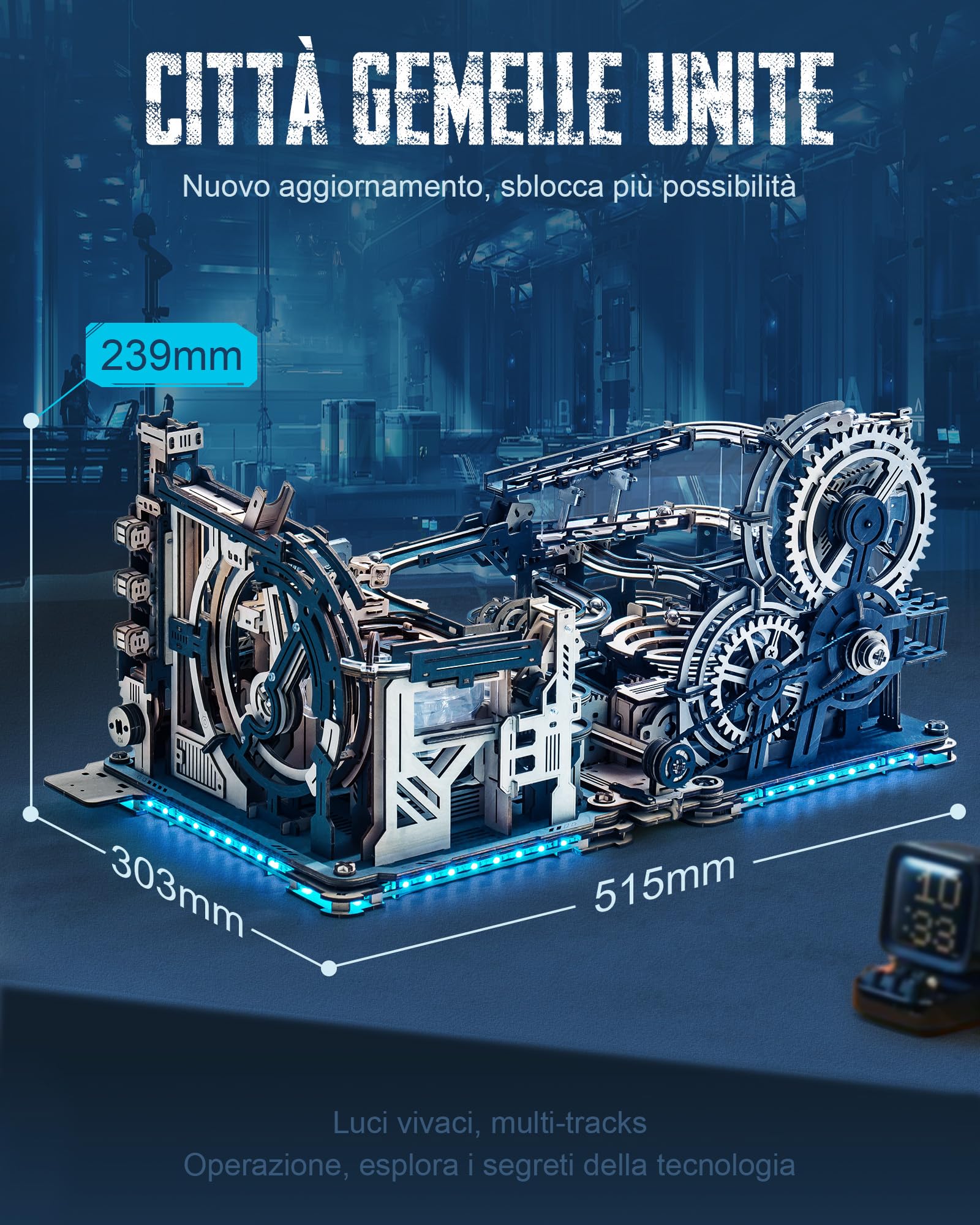 ROKR Piste da corsa Puzzle 3D Legno Modellini da Costruire in Legno, Kit Modello Meccanico a Motore con sfere, Modalità Automatiche, Marble Spaceport & Night City & Kit di collegamen, LGC01 LGA01 LG01