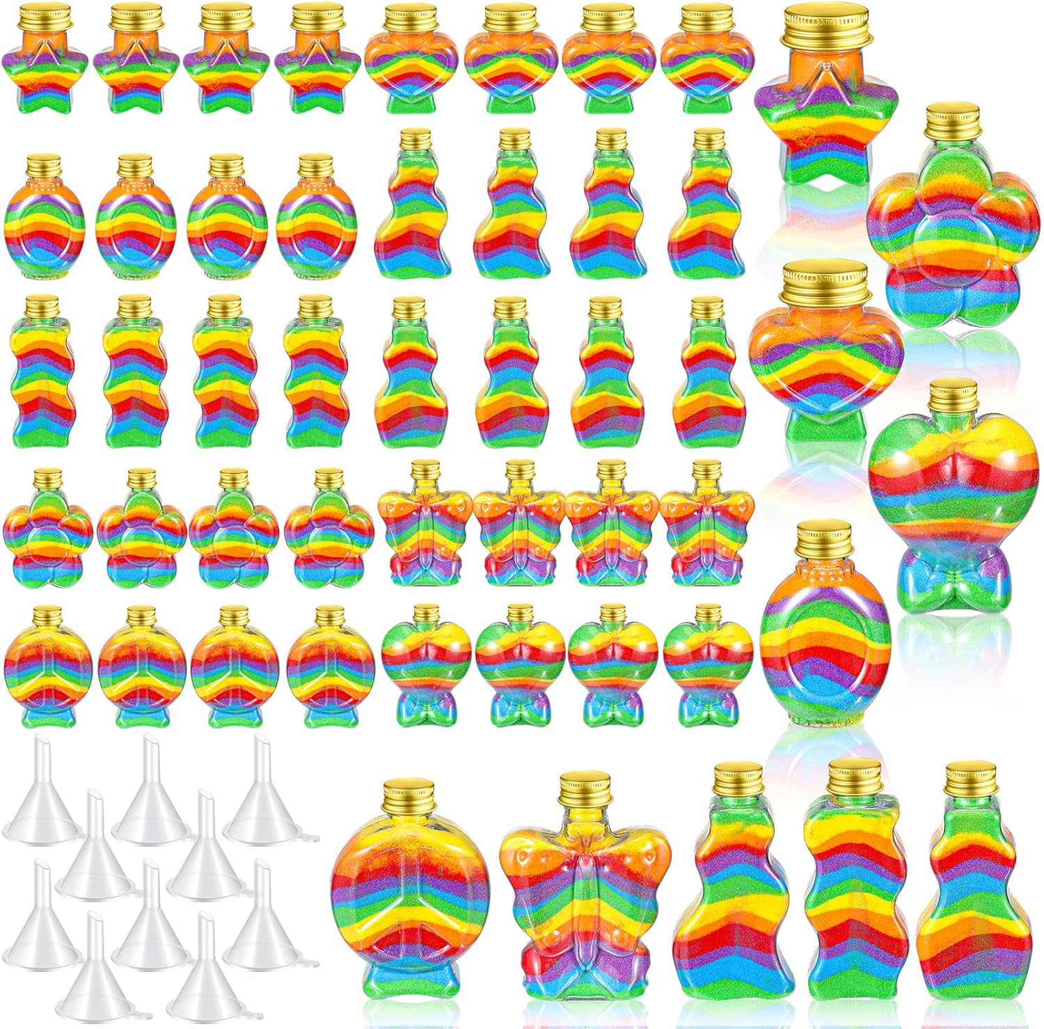 Bokon 50 Pcs Plastic Sand Art Bottles Bulk Sand Containers for Sand Art Containers with Plastic Funnels for DIY Crafts Wedding Birthday Party Decoration, 10 Style (Gold Aluminum Cap)
