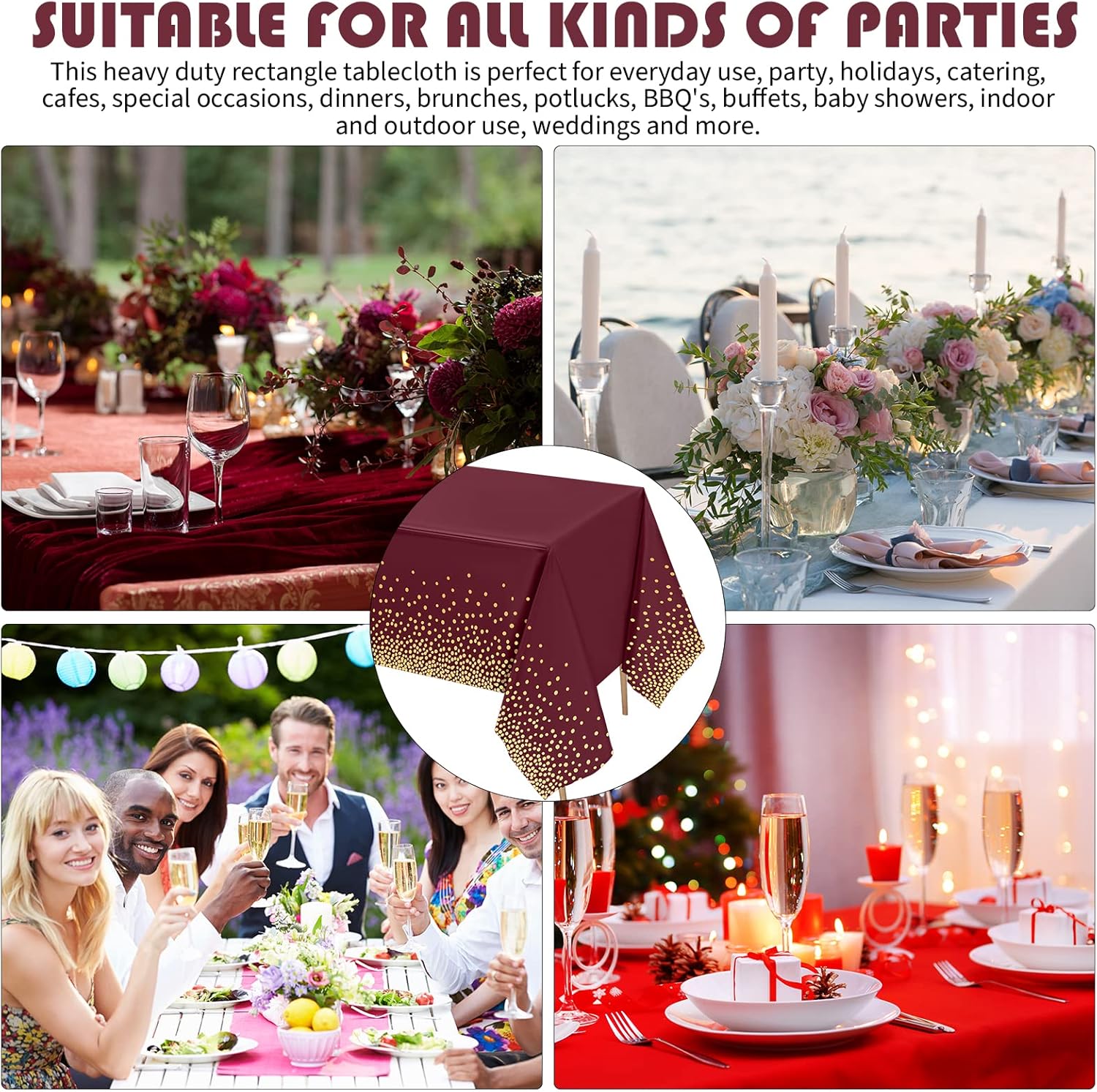 Tegeme 12 Packs Plastic Table Cloths for Parties Disposable Graduation Ramadan Mubarak Tablecloths Decoration with Gold Stamping Dot 108 x 54'' for Birthday Graduation Ramadan Party (Wine Red,Gold)