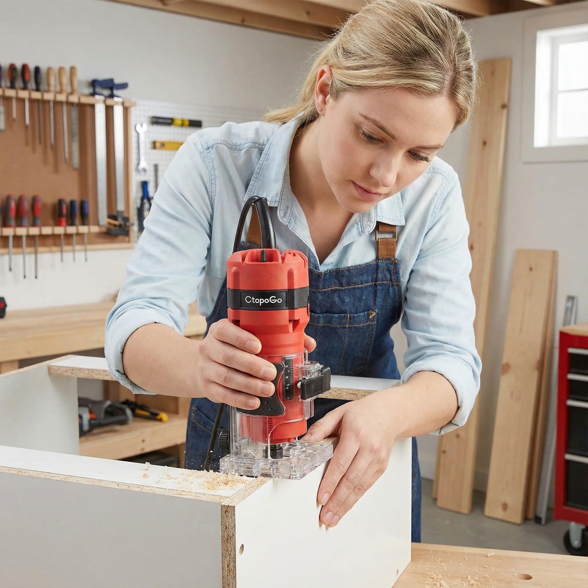 Compact Palm Router Tool, 800W Hand Wood Trimmer Router with 12PCS 1/4" Bits Set for Woodworking