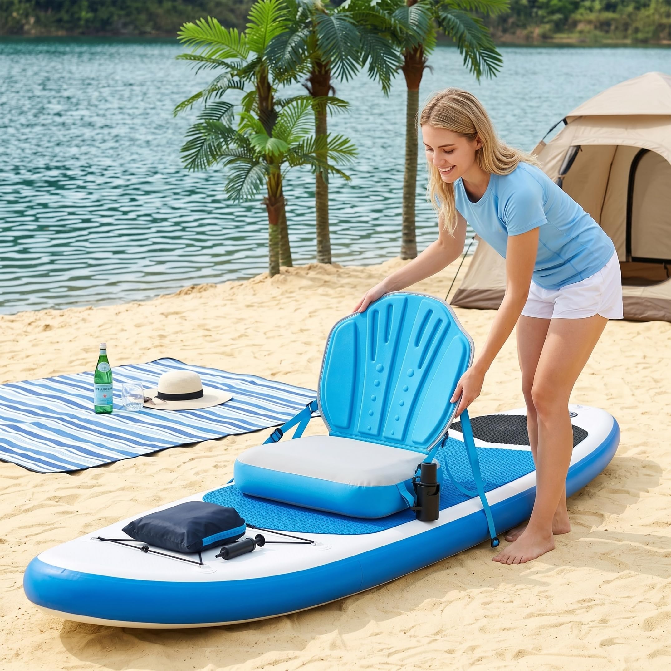 Siège de Paddleboard Gonflable, sièges de Kayak réglables avec Poche Rangement – ​​Bleu et Blanc – Planche Paddle pour Planches gonflables