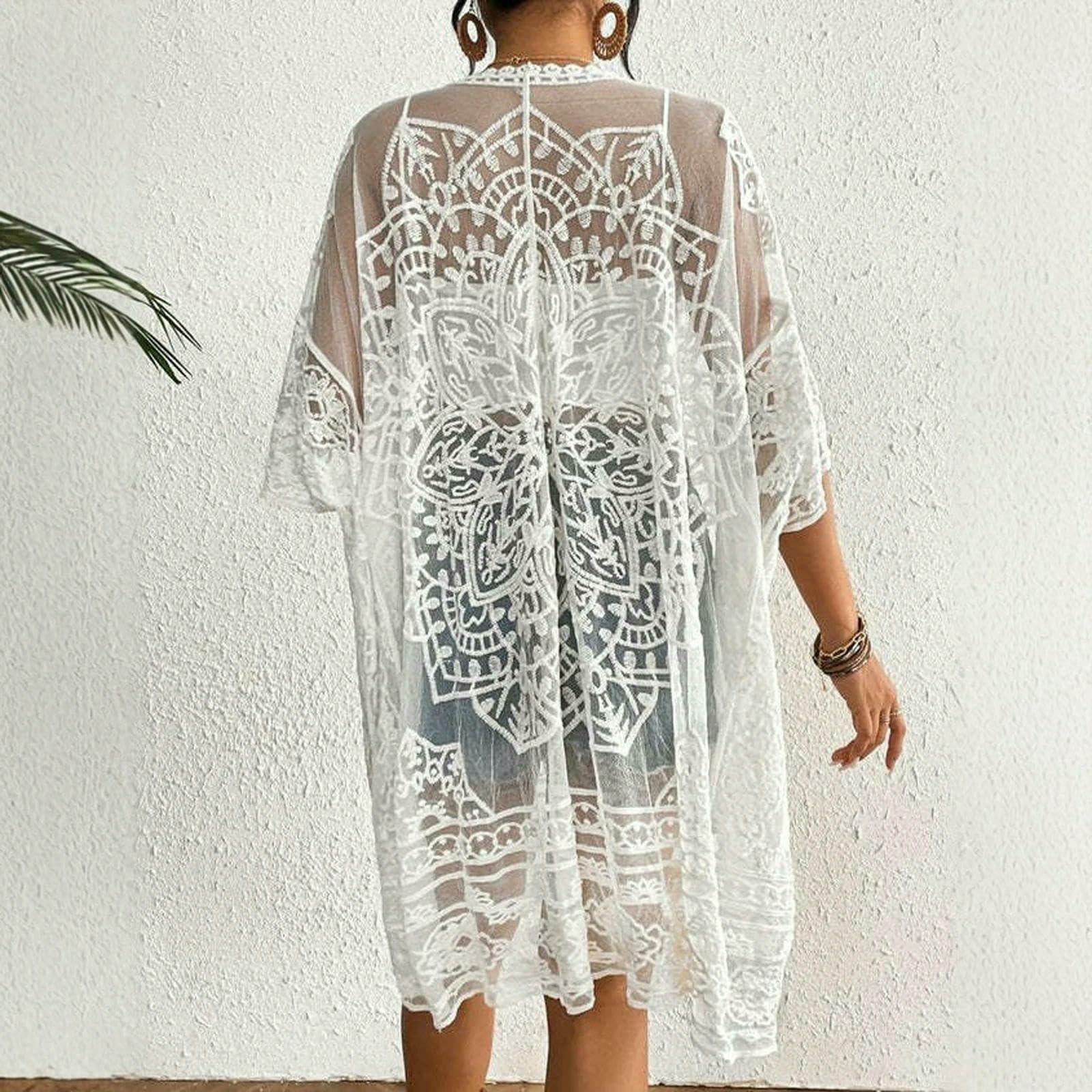Sukienka plażowa bikini okrycie damskie koronkowe okrycie w stylu boho, sarong, spódnica 3, 4 rękawy, otwarty przód, szydełkowane, kimono, kardigan, różowy, jeden rozmiar