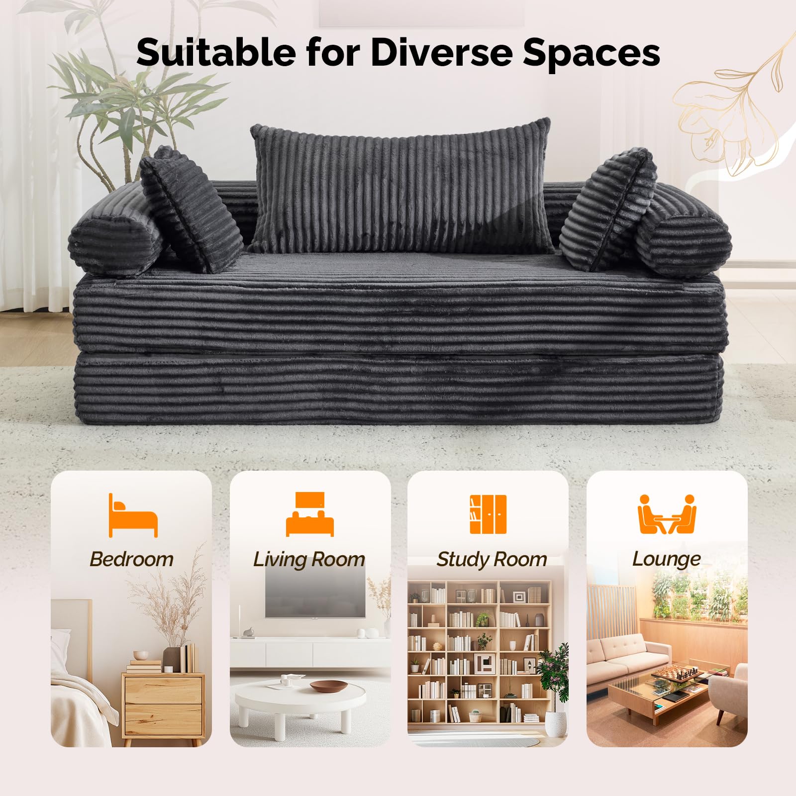 VINGLI Convertible Futon Sofa Bed, Upholstered Corduroy Boneless Couch King Size Floor Loveseat Sleeper Sofa with 2-in-1 Throw Pillow & Blanket Couches for Living Room, Bedroom, Lounge, Dark Gray