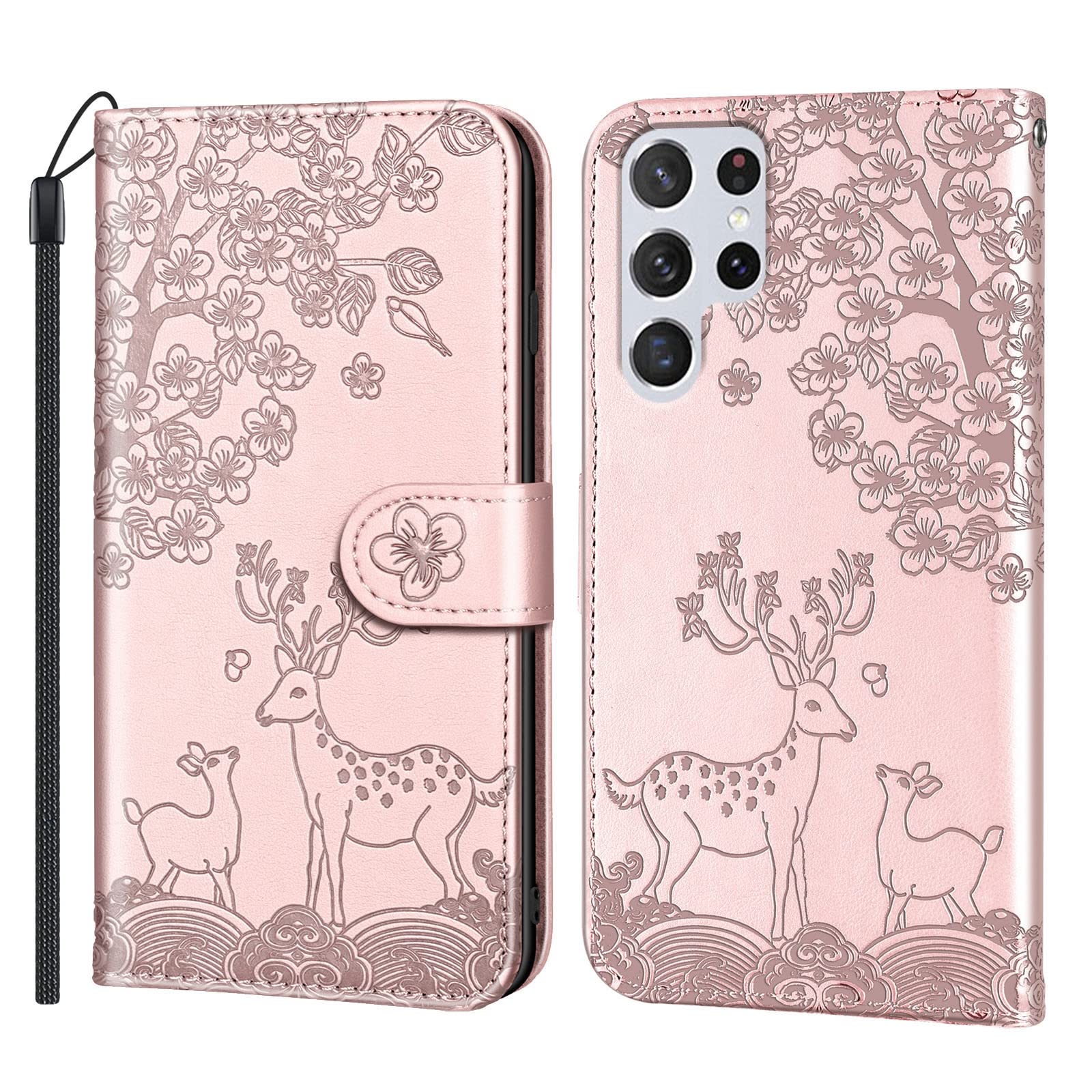 Etui do Samsung Galaxy S22/S22 Plus/S22 Ultra, wytłaczany jeleń skóra PU, portfel etui z przegródkami na karty podpórka, magnetyczne etui na telefon z klapką, różowe, S22 6,1"