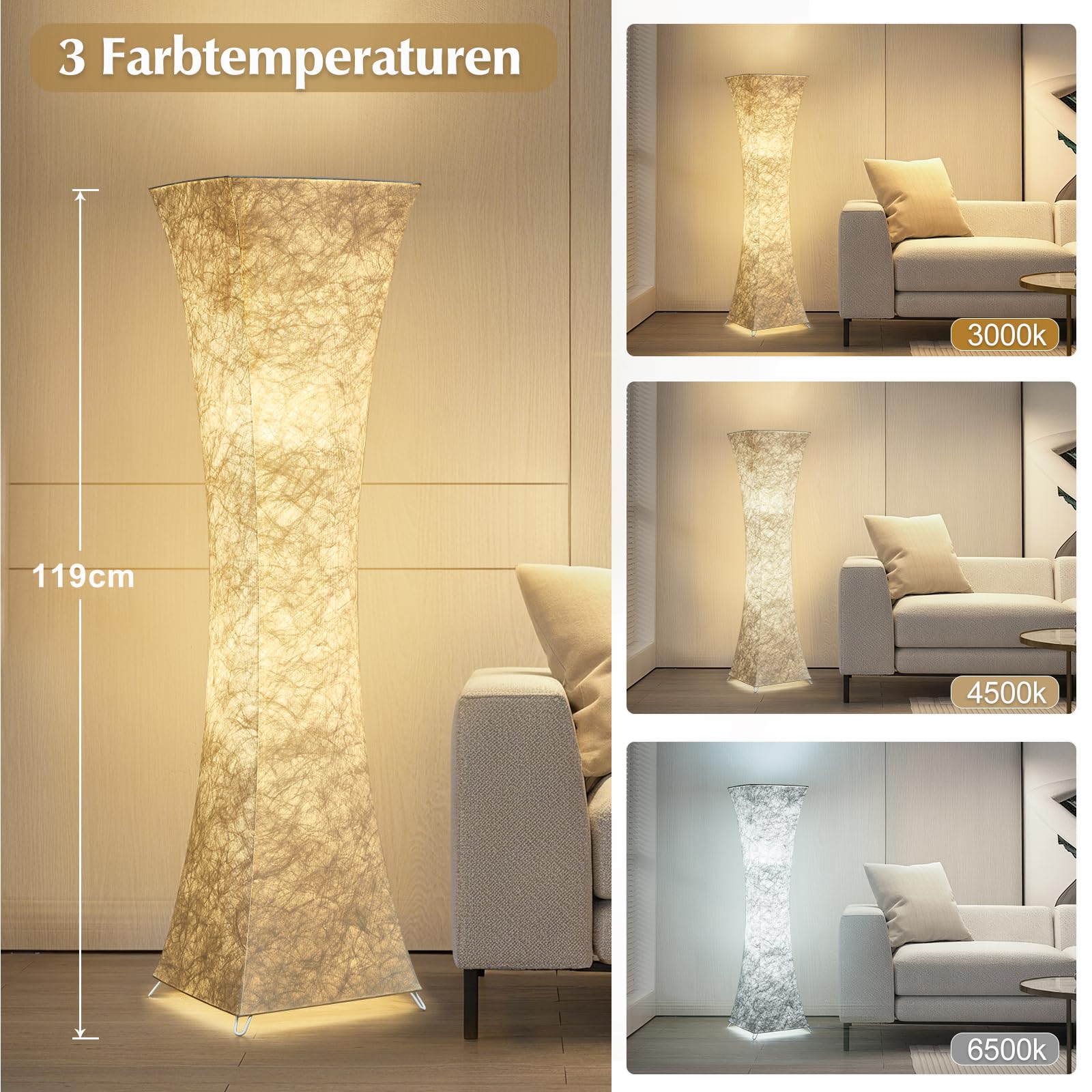 GyroVu 47“ Stehlampe für Wohnzimmer, Farbtemperatur Einstellbar LED Stehleuchte, mit Weißer Stofflampenschirm, Säulenstehlampe für die Ecke,Schlafzimmer, Büro und Wohnzimmer, Leuchtmittel enthalten