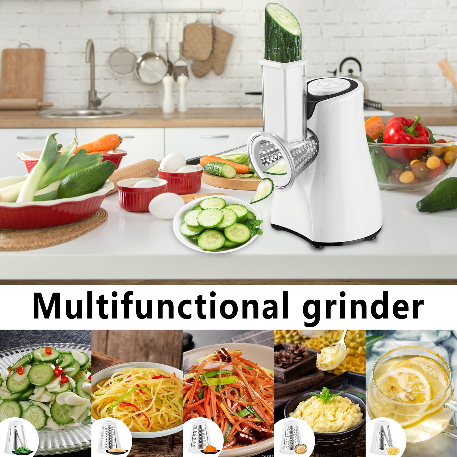 Recortador de verduras eléctrico 5 en 1,800 W, retocadora de verduras con 5 cuchillas Tambor intercambiables,Picadora eléctrica para queso,Zanahorias,Frutas,Patatata,Pepinos (blanco)