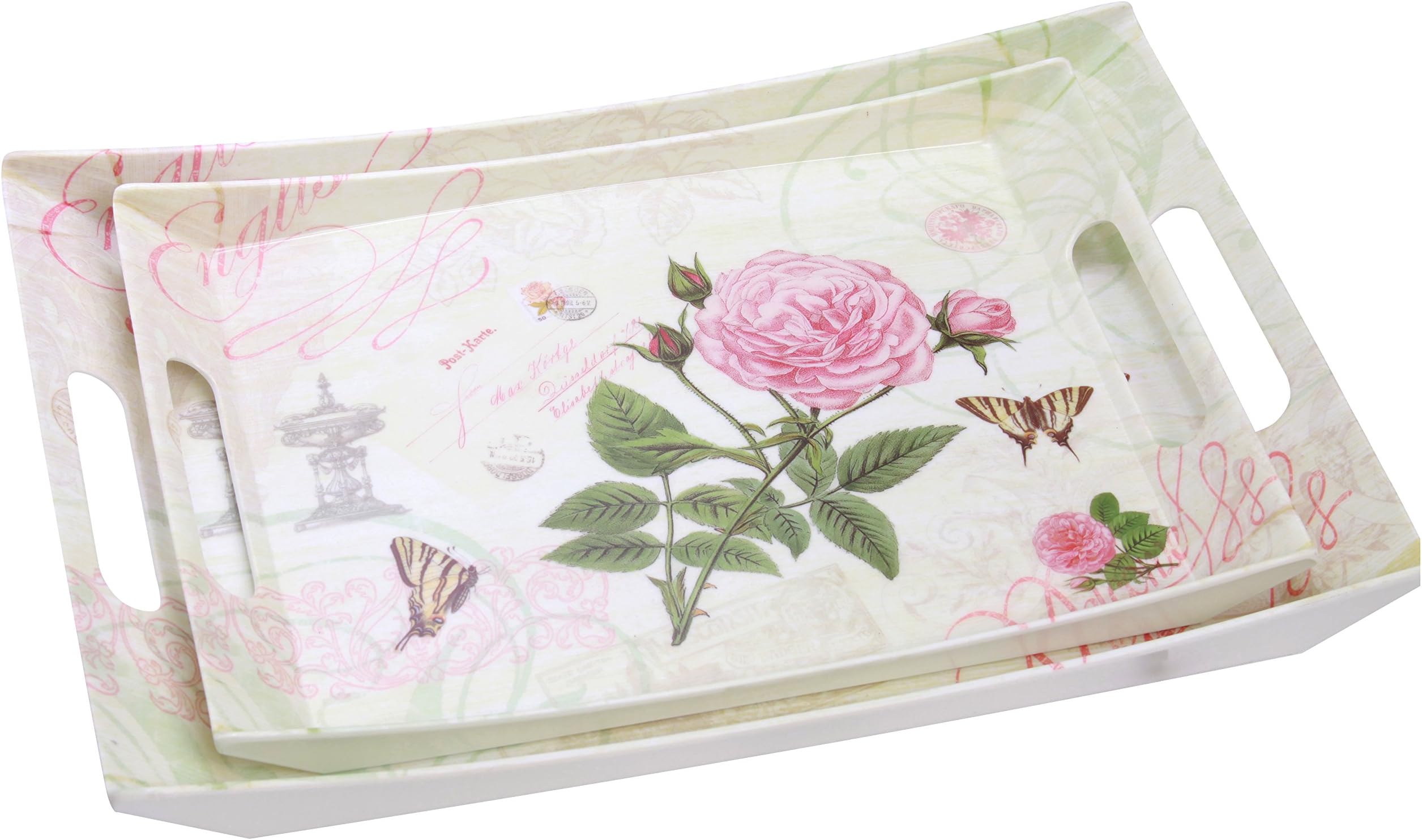 , Rose 2 Piece Melamine Double Handle Tray Set