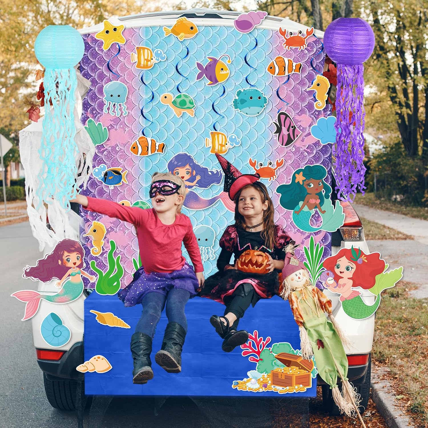 Naozinebi 41 Pcs Halloween Trunk or Treat Car Decorations Mermaid Trunk or Treat Car Outdoor Decoration Ocean Sea Animal Car Trunk for Car Archway Garage Door Haunted House Party Decor