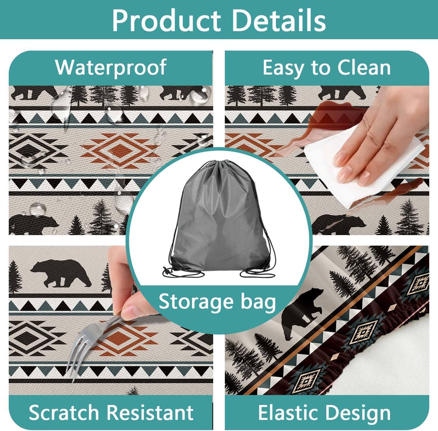 30X72 Picnic Table Cover with Bench Cover Western Vintage Bear Water-Resistant Fitted Picnic Tablecloth with Elastic Camping Fitted Tablecloth with Drawstring Bag 3PCS
