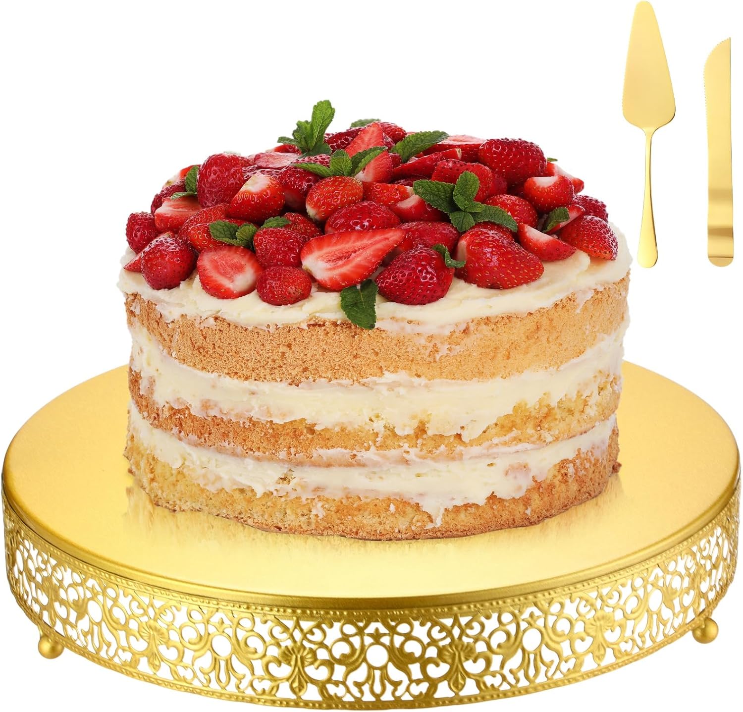 wenqik 14 inch gold cake stand set metal round cupcake dessert stand with cake cutting, spatula cupcake pastry display candy holder table display for wedding party birthday baby showers anniversary 14 inch classic