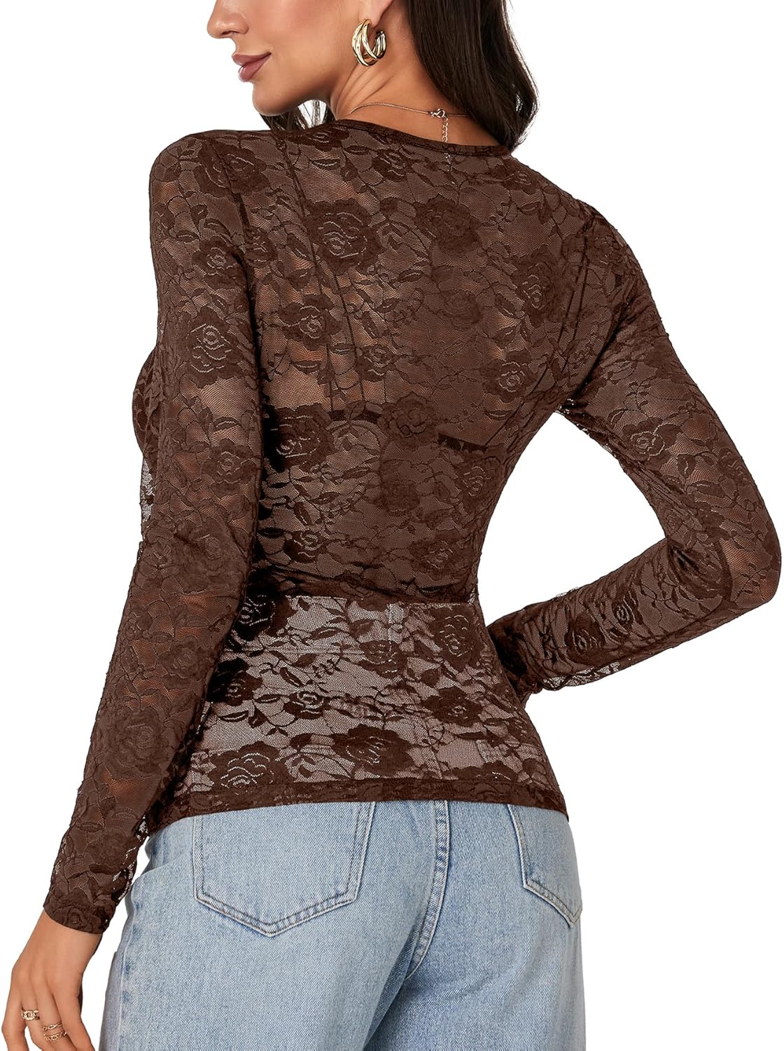LYANER Women's Sexy Mesh Top Floral Long Sleeve See Through Shirt Lace Sheer Blouses - Image 5
