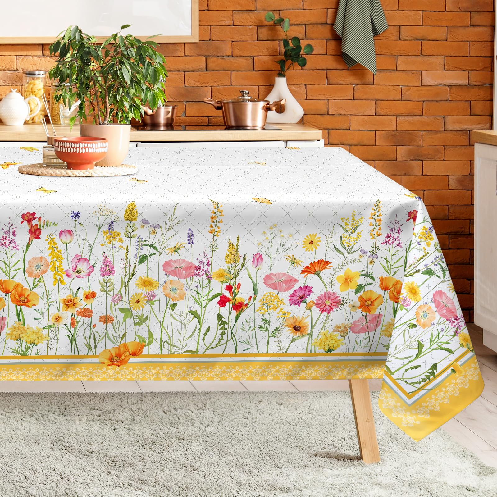 Arquiel Yellow Floral Rectangle Tablecloth, Machine Washable Spring Tablecloth, 152 * 304 cm, Polyester Rustic Decorative Table Cover for Dinner Kitchen Party Outdoor